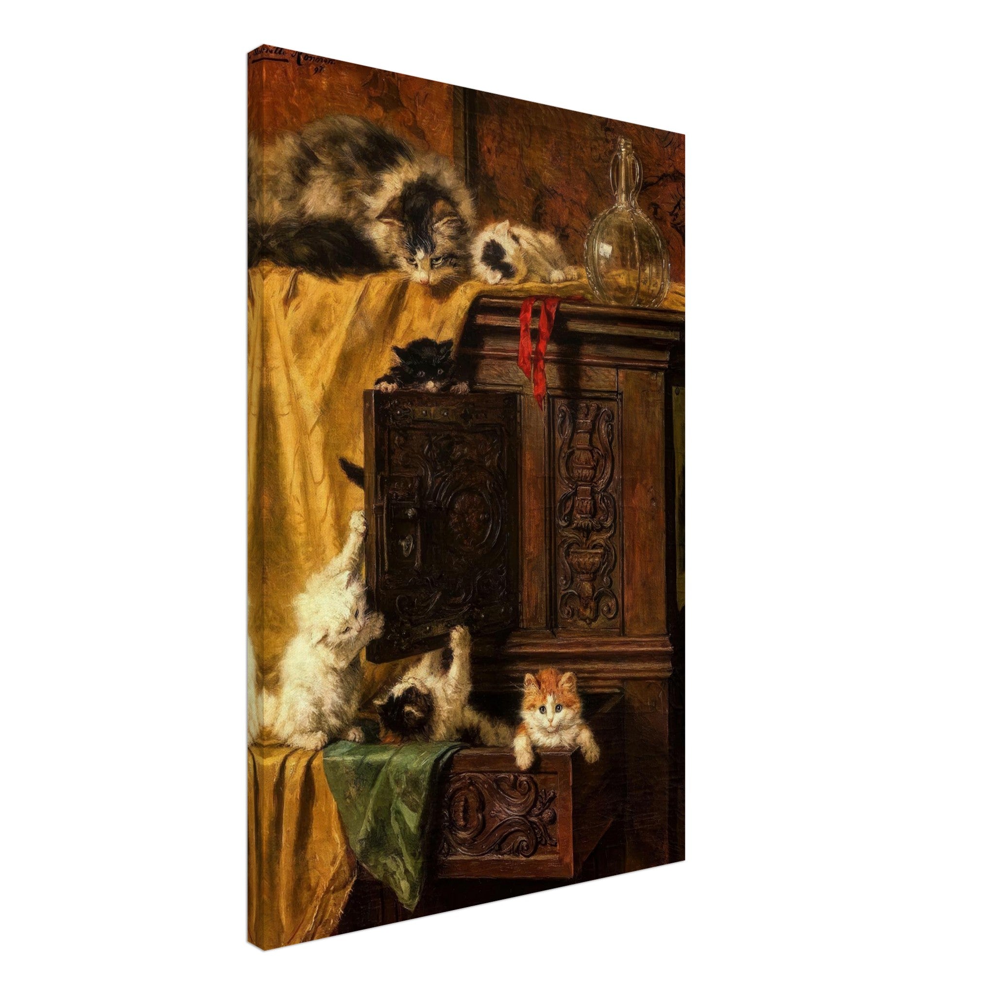 Vintage cat painting canvas print featuring playful kittens exploring a wooden cabinet.