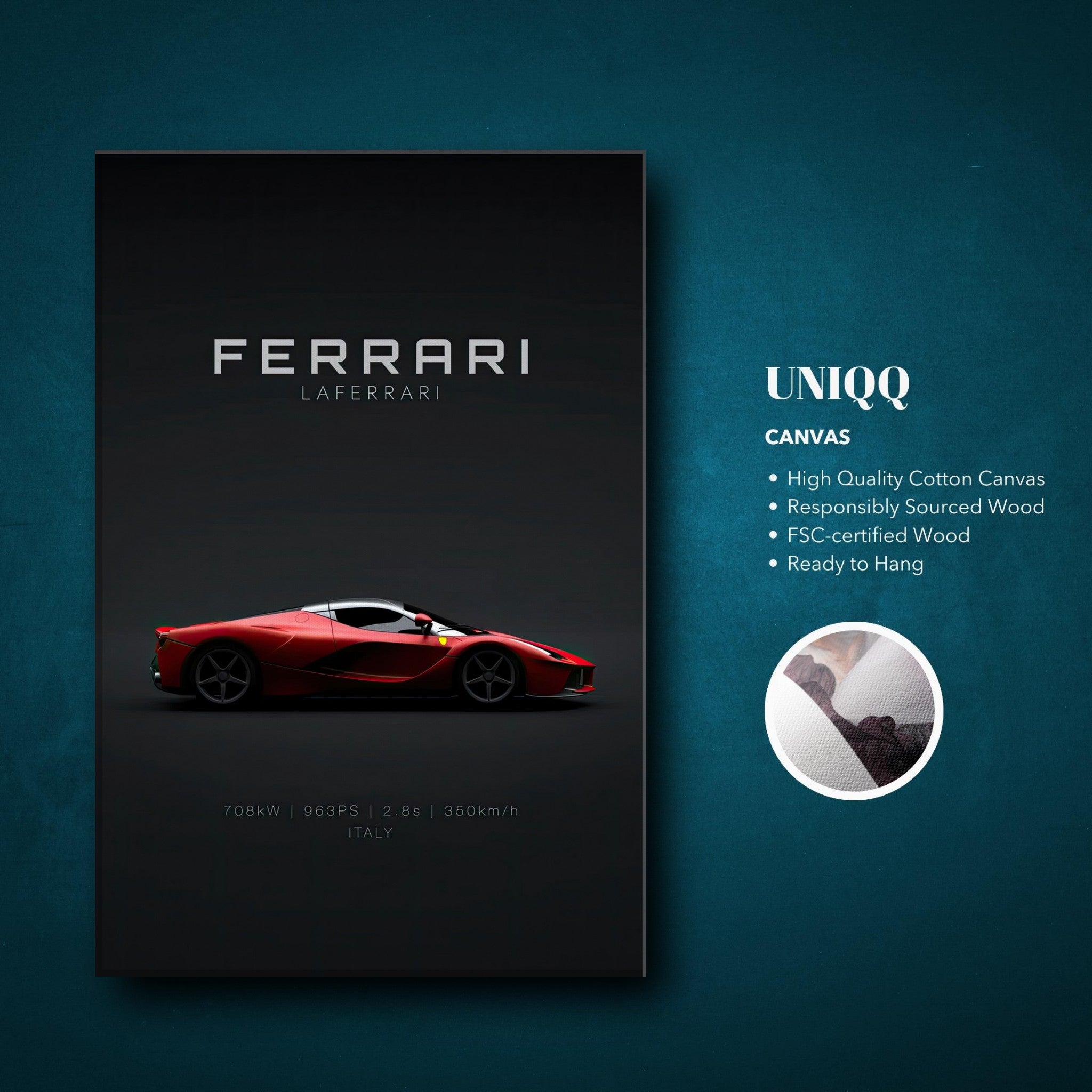 Ferrari Laferrari canvas art featuring a sleek red car on a dark background, perfect for modern home decor.