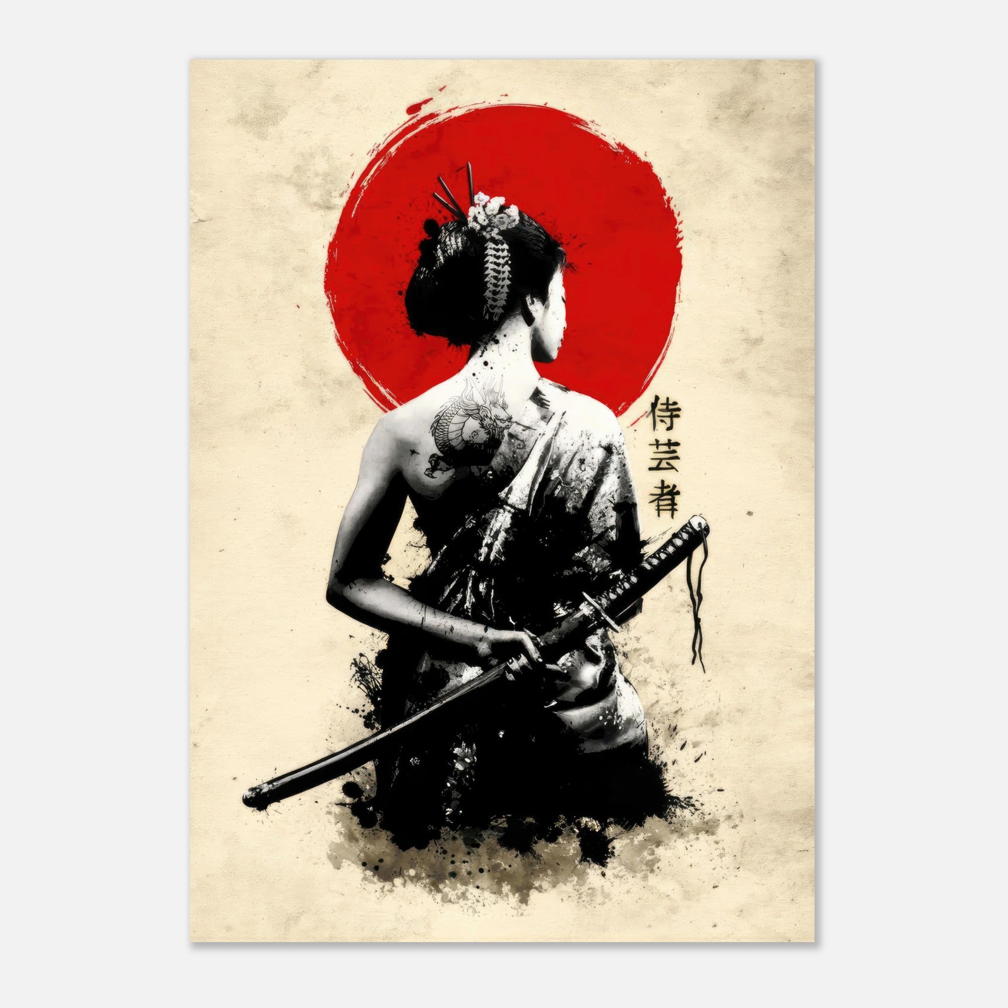 Samurai Geisha poster featuring a fierce geisha with a katana against a bold red sun background.