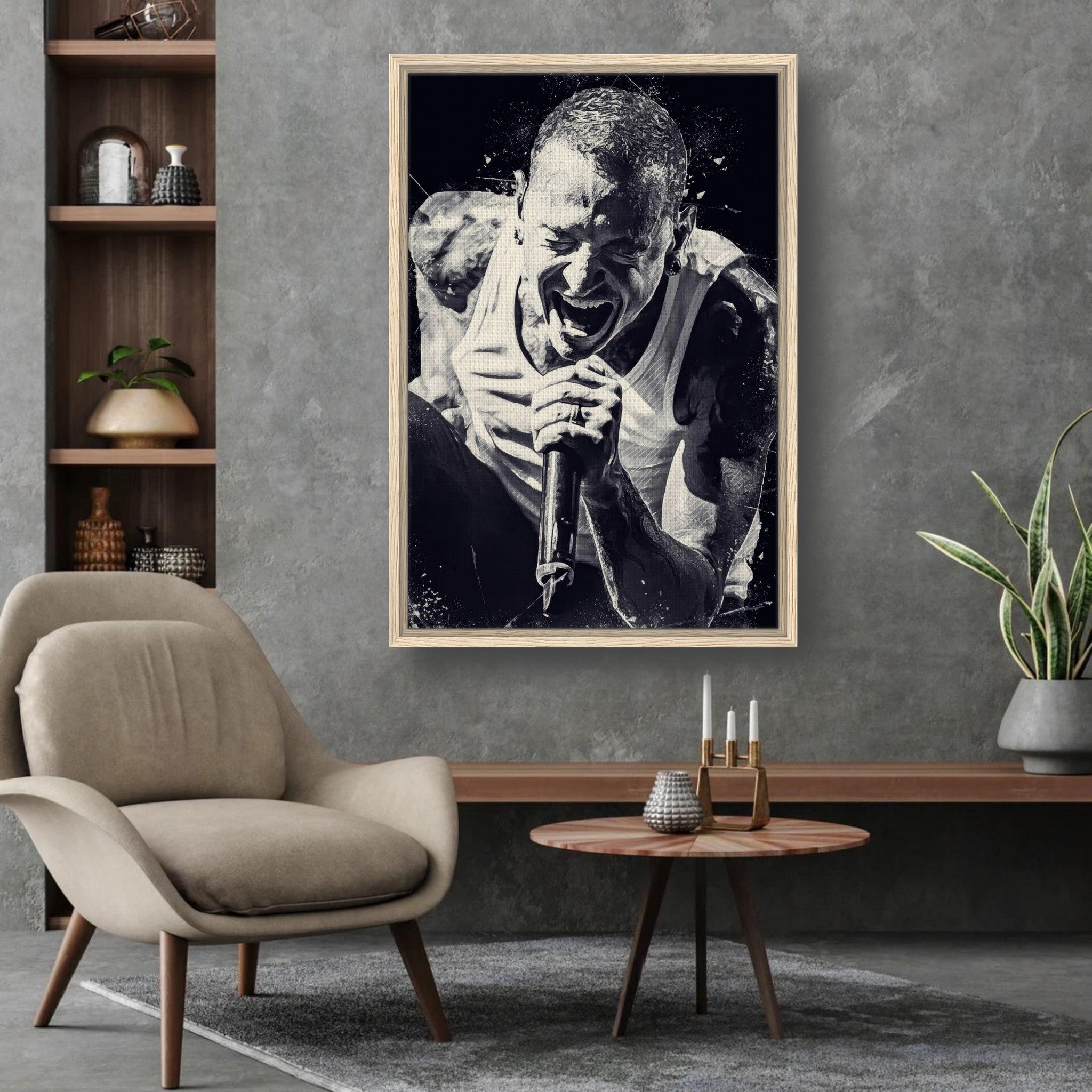 Chester Bennington framed canvas print on modern wall, showcasing emotional performance in stylish interior decor.