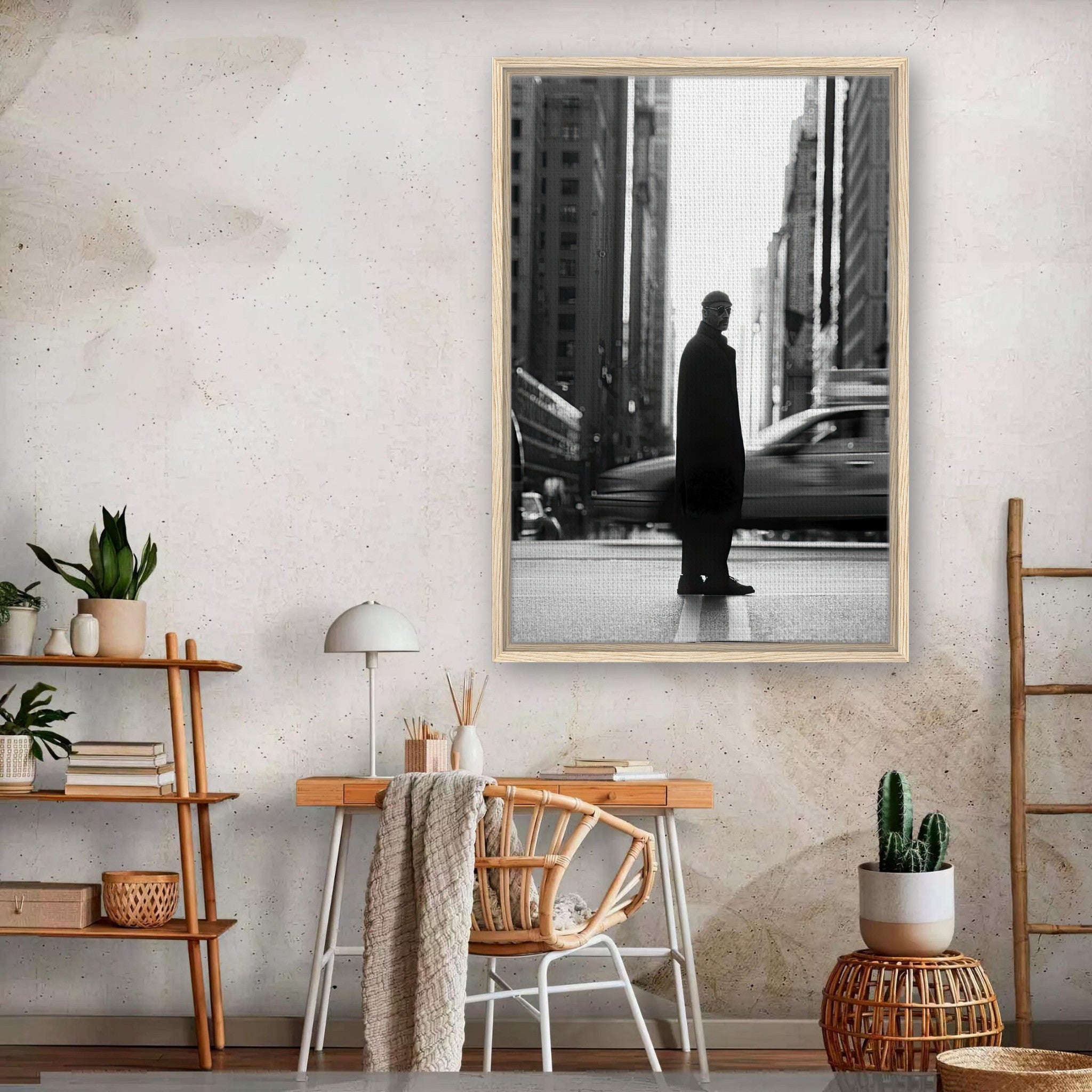Jean Reno as Leon in New York framed canvas artwork in stylish living room decor