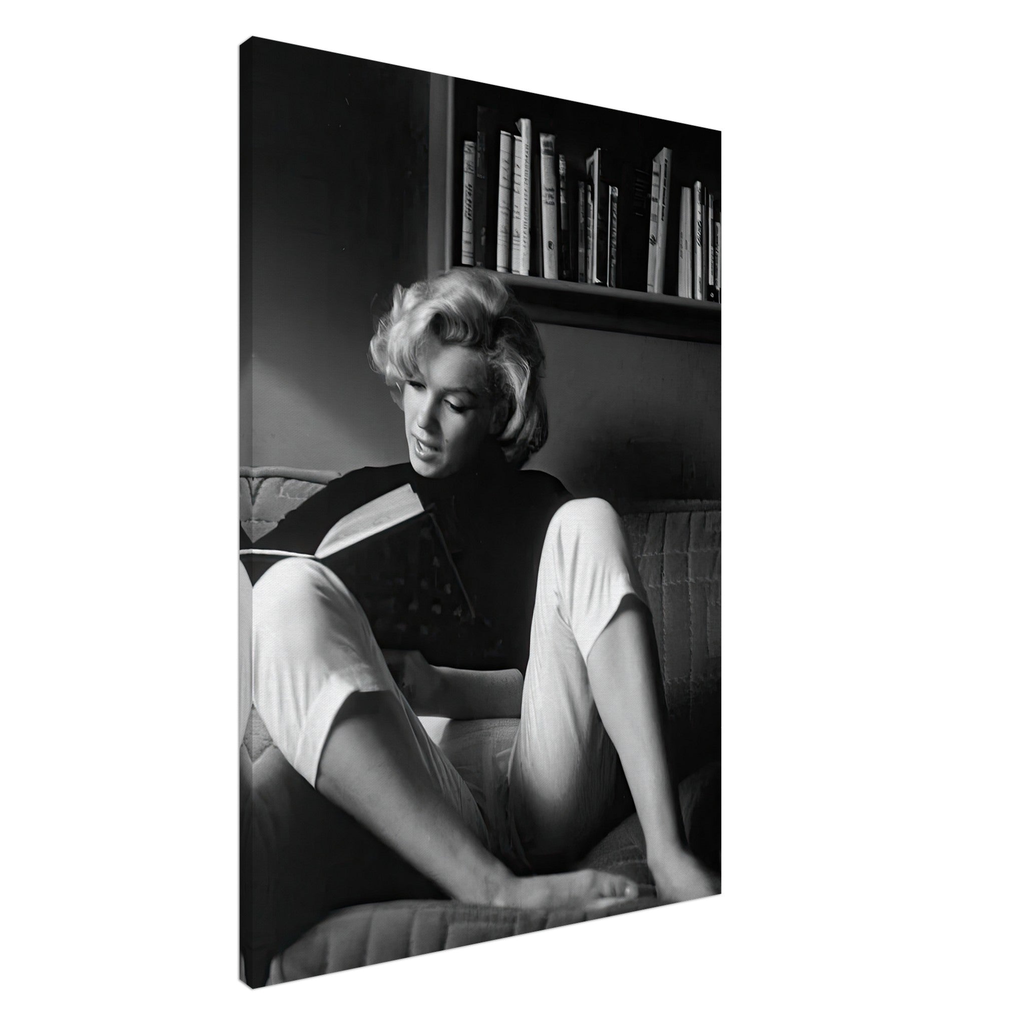 Black-and-white canvas of Marilyn Monroe reading at home, showcasing elegance and Hollywood charm.