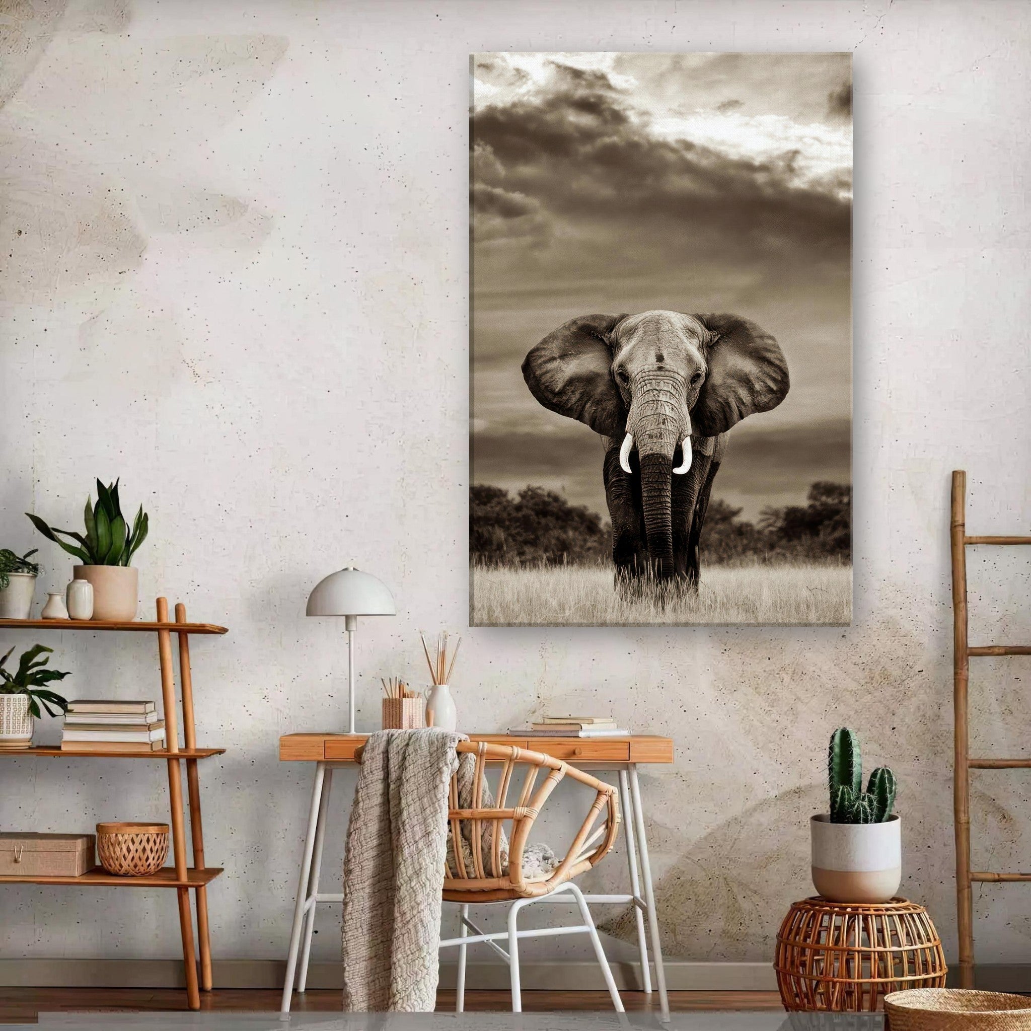 Black and white elephant portrait photography canvas print displayed in a modern living room interior.