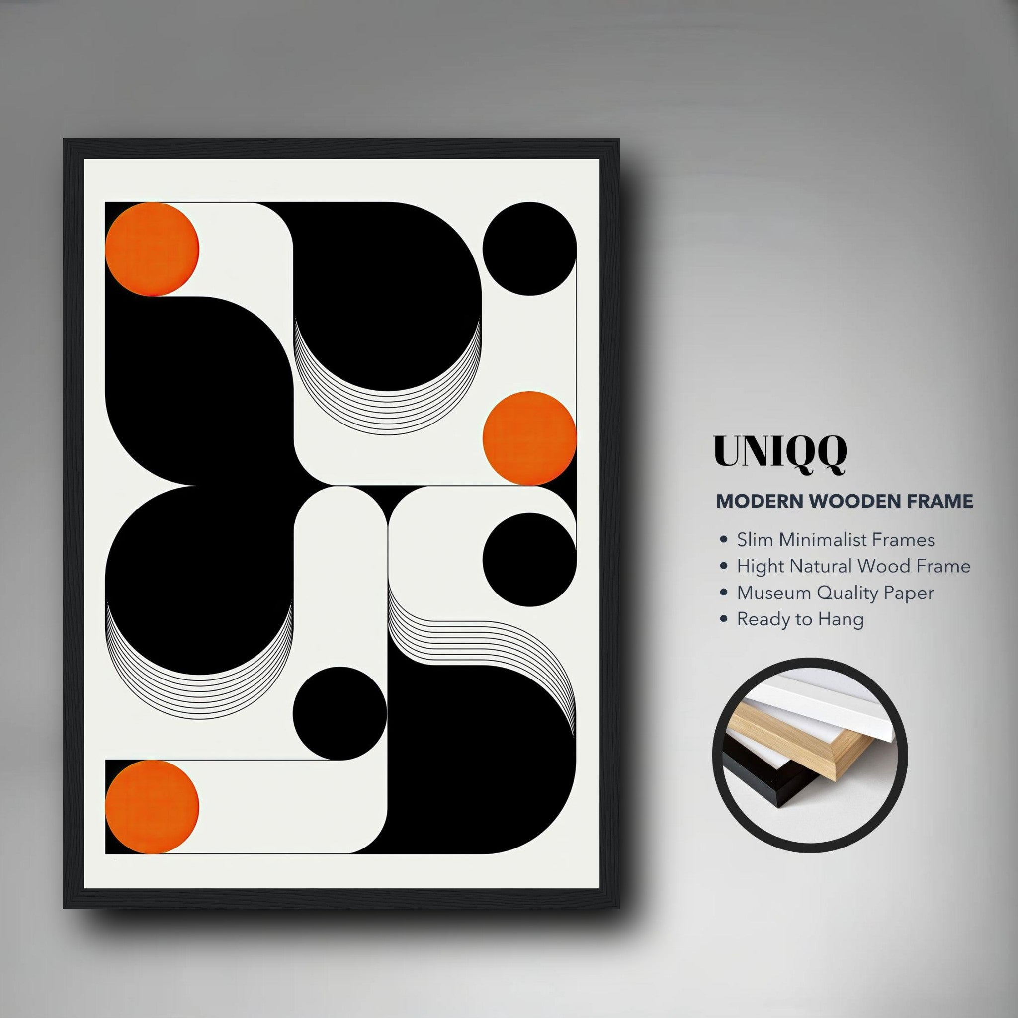Modern Geometric Abstract Art Framed Print with bold black, white and orange design, ready to hang for stylish decor.