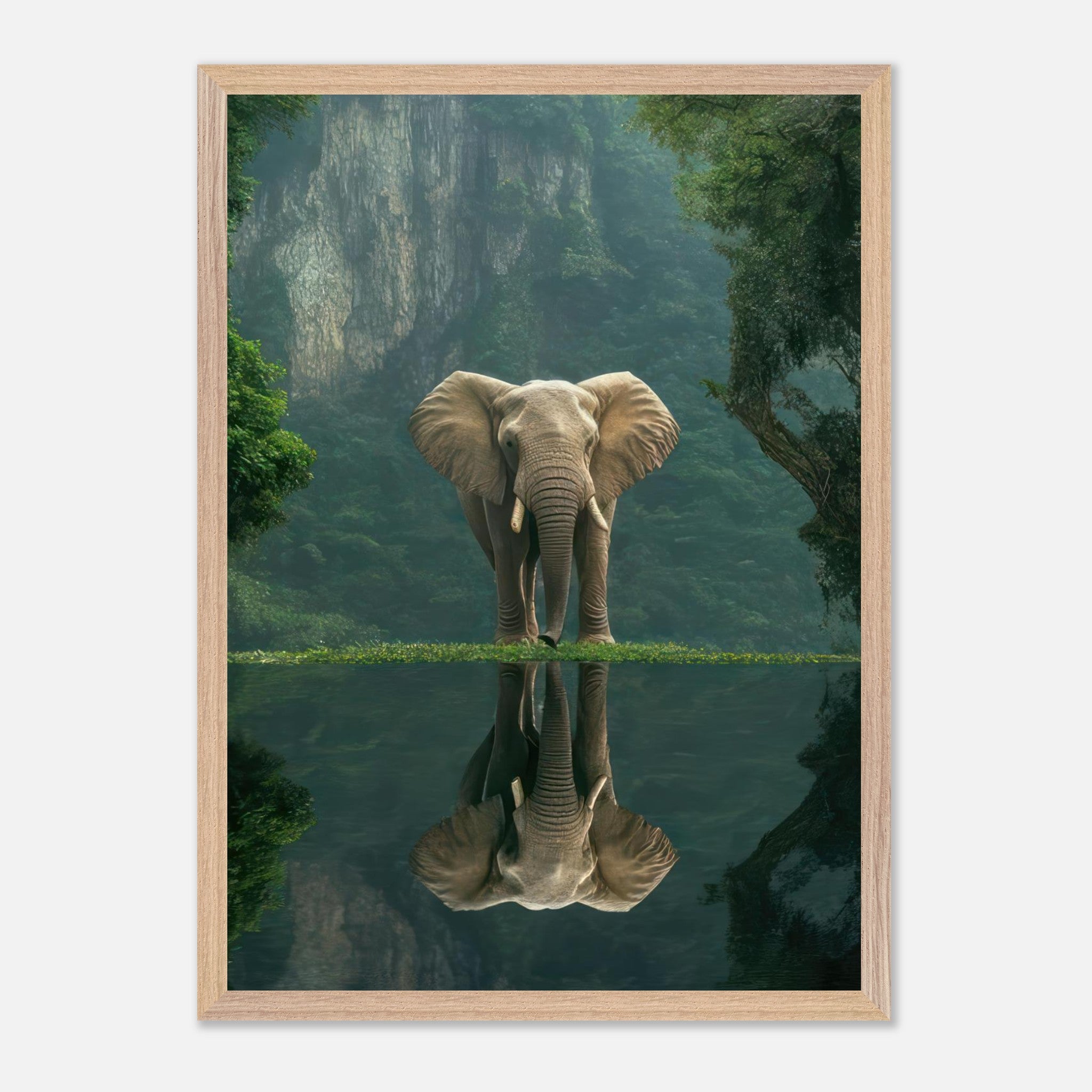 Jungle Elephant Portrait vintage framed print featuring an elephant reflecting in water against a lush forest backdrop.