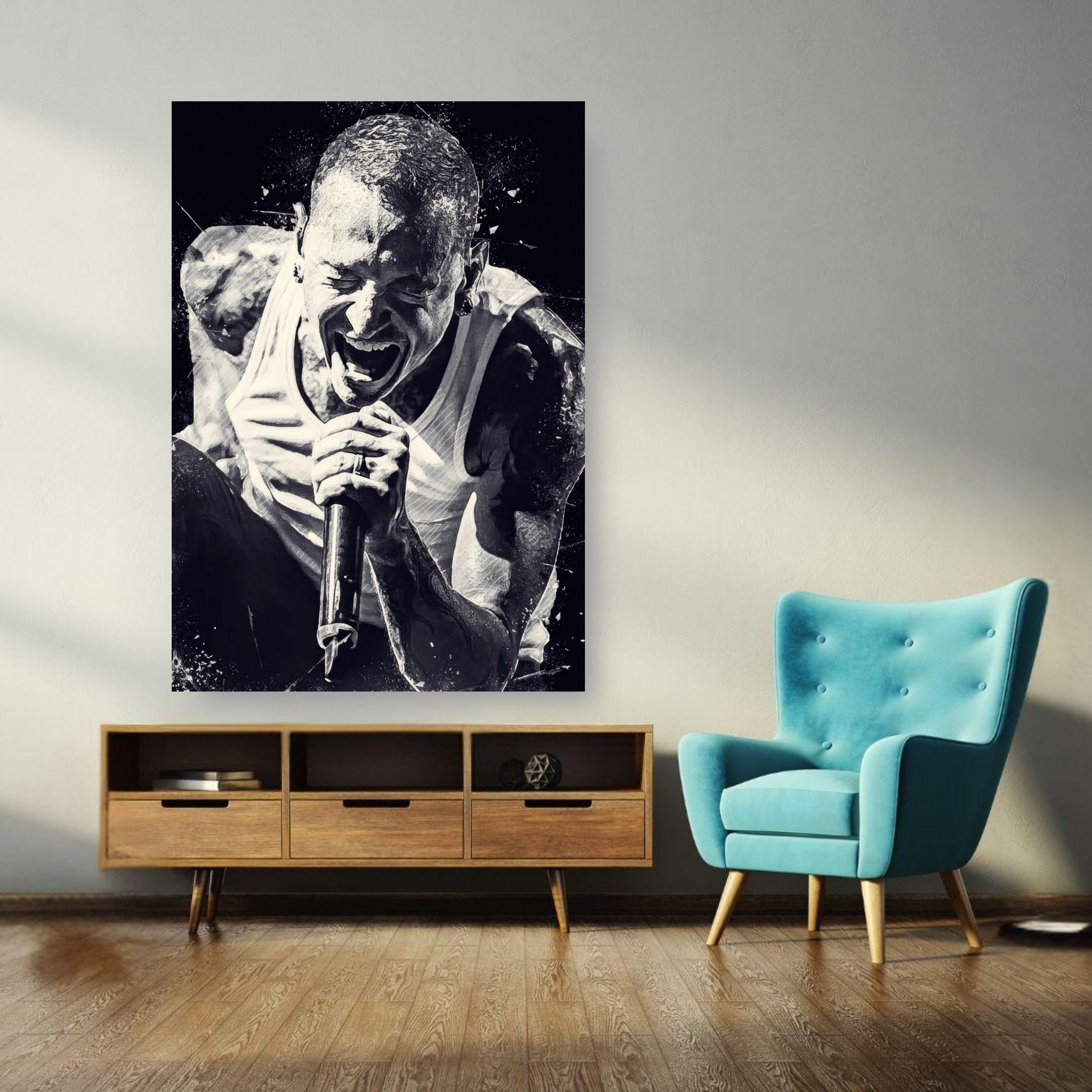 Black-and-white Chester Bennington poster showcasing powerful performance in modern living room.