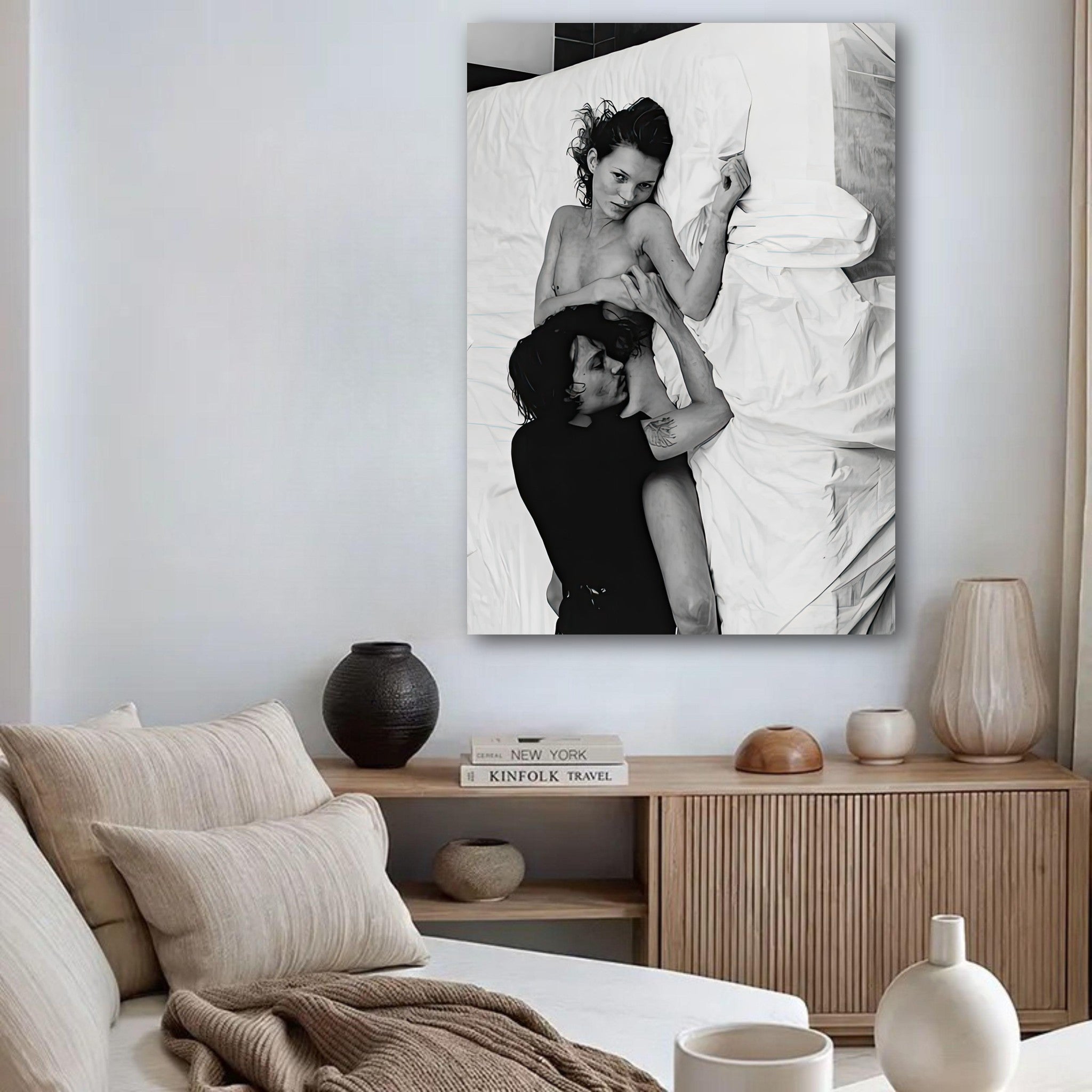 Black-and-white poster of Kate Moss and Johnny Depp, capturing 1990s romance, decor for stylish interiors.