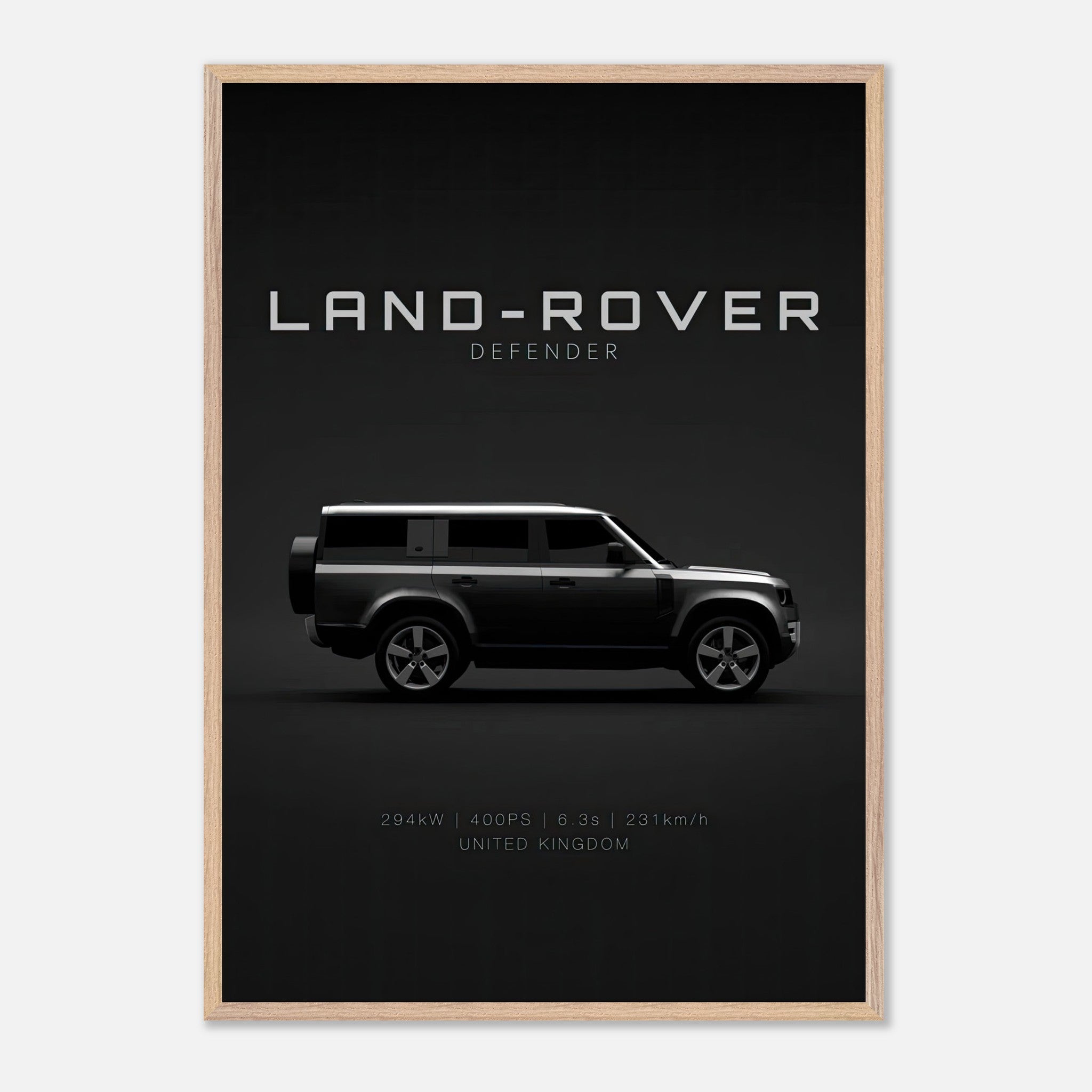 Land Rover Defender vintage framed art featuring sleek silhouette on a black background, perfect for enthusiasts.
