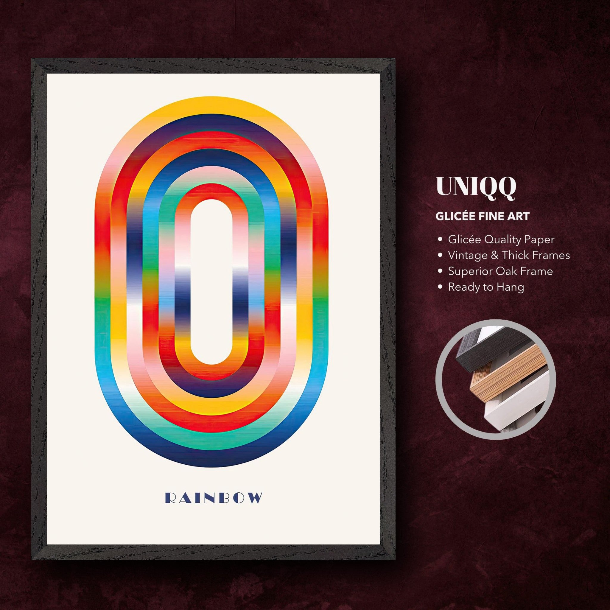 Abstract Rainbow Geometric Art on Giclée quality paper, featuring vibrant arcs in a framed design, ready to hang.