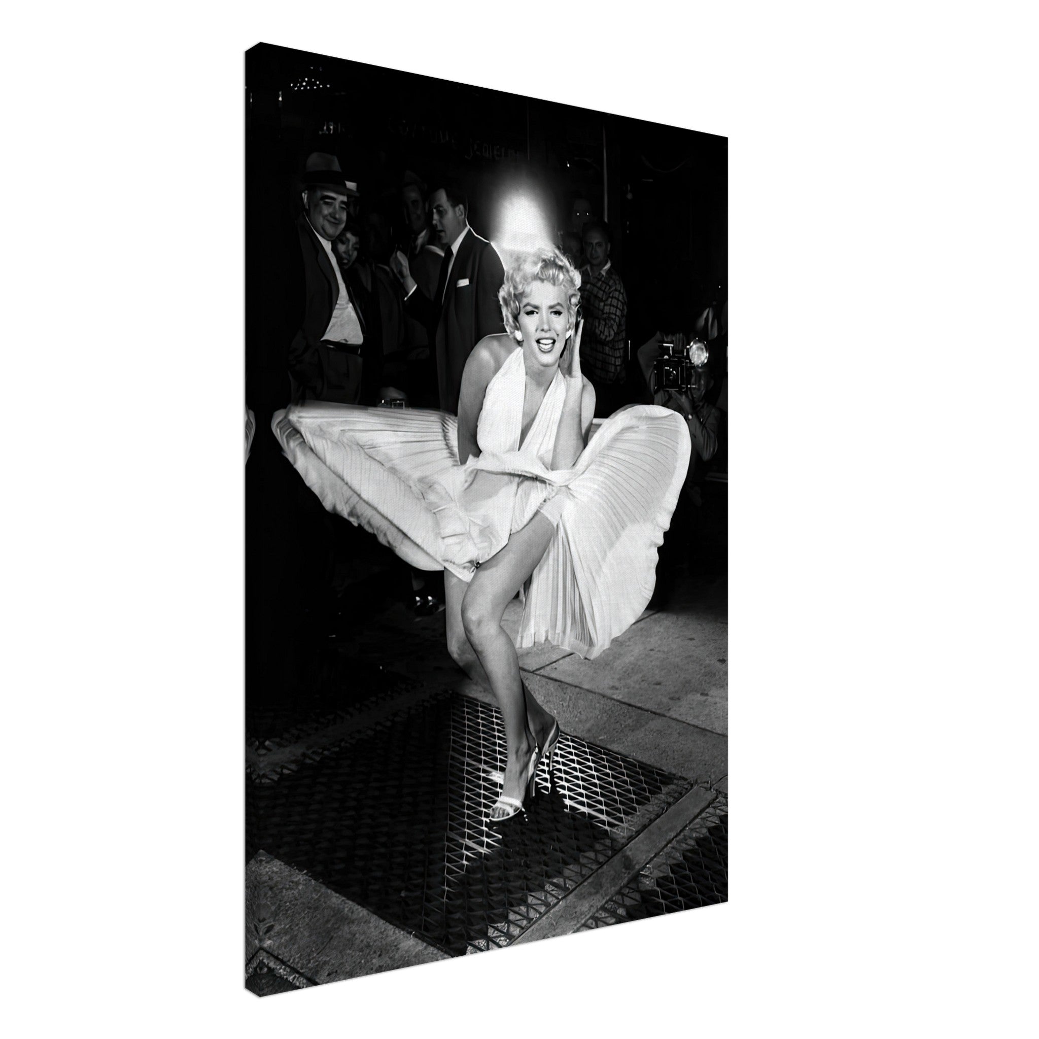 Marilyn Monroe iconic wind-blown photograph in white dress, capturing Hollywood elegance on canvas print.