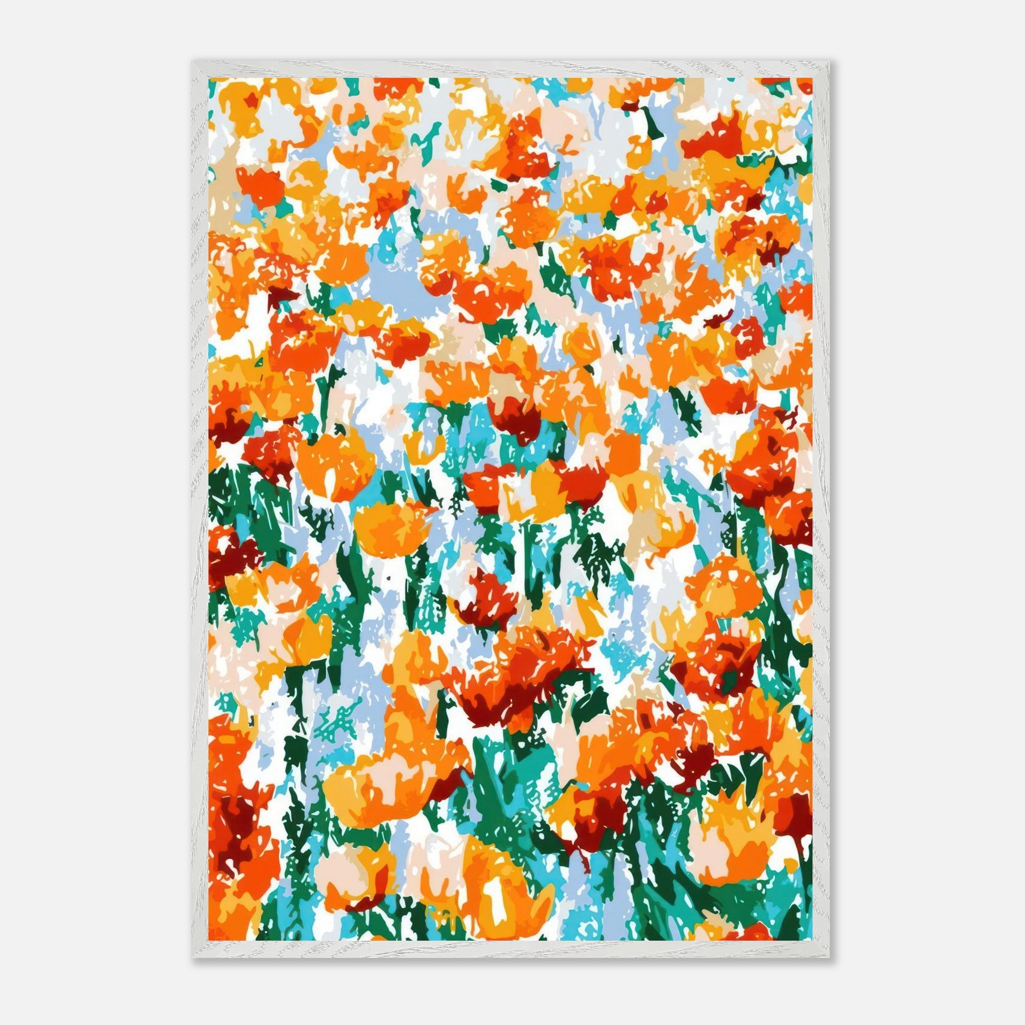 Abstract Floral Tulip Garden vintage print showcasing vibrant orange and yellow tulips with a lush green backdrop.