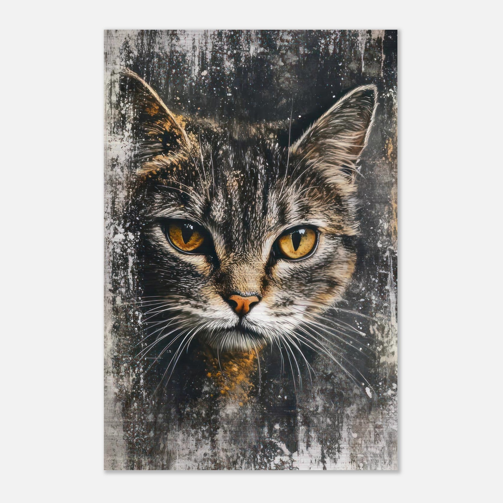 Cat painting artwork on brushed metal featuring a detailed cat face with striking yellow eyes.