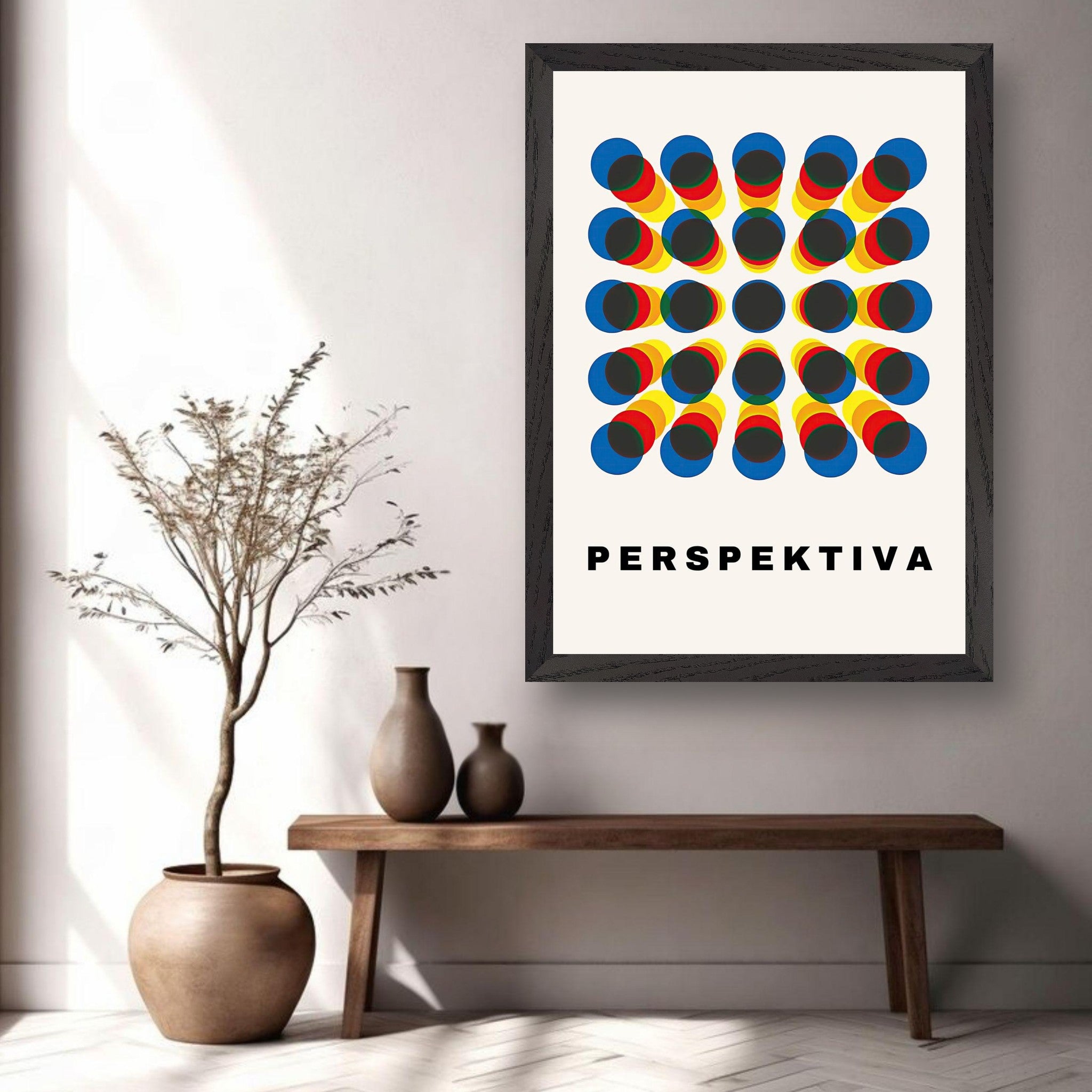 Perspective Abstract Art vintage framed print with geometric design and bold colors, featuring 'PERSPEKTIVA' text.