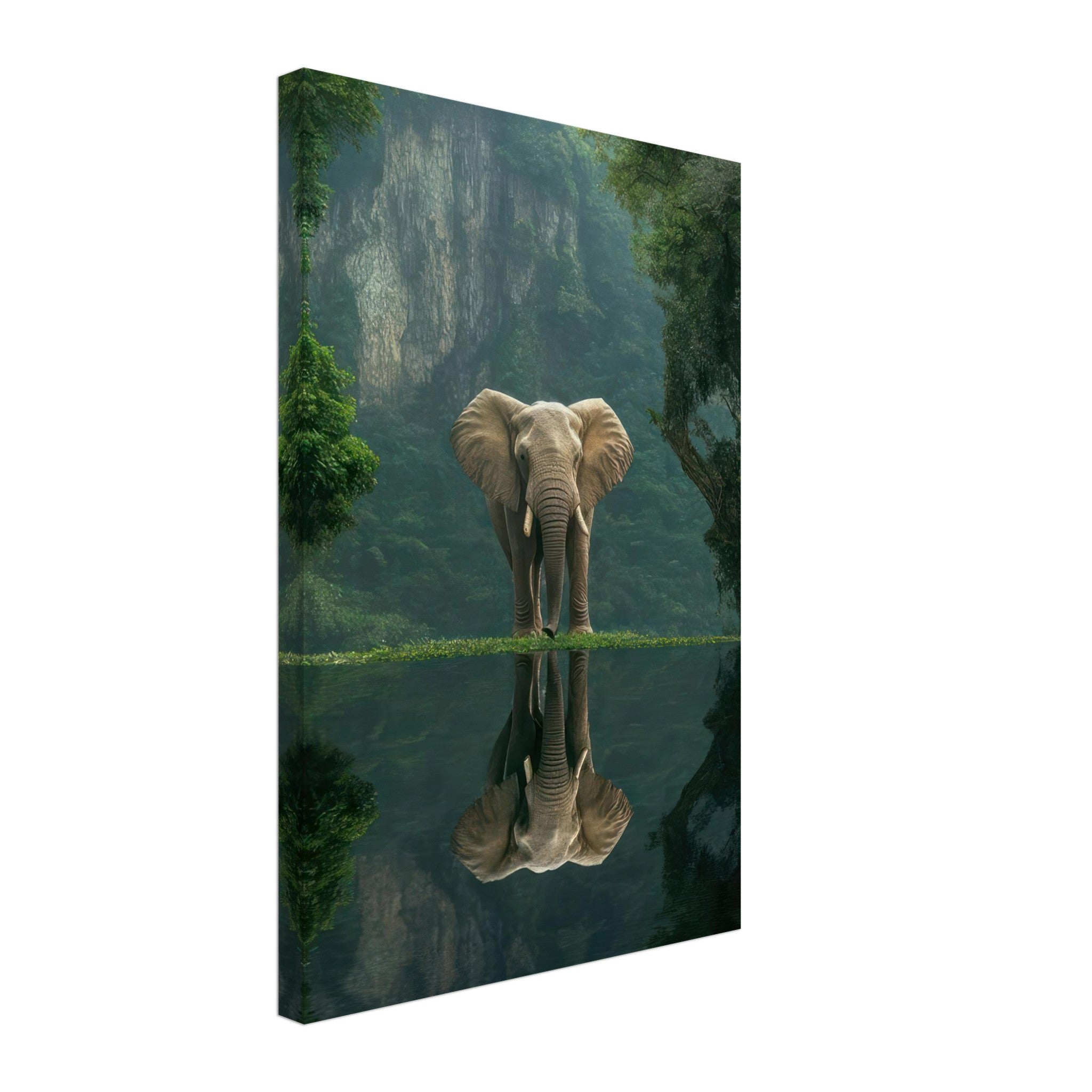 Majestic elephant portrait standing by a reflective pool in a lush jungle, captured in a stunning canvas print.