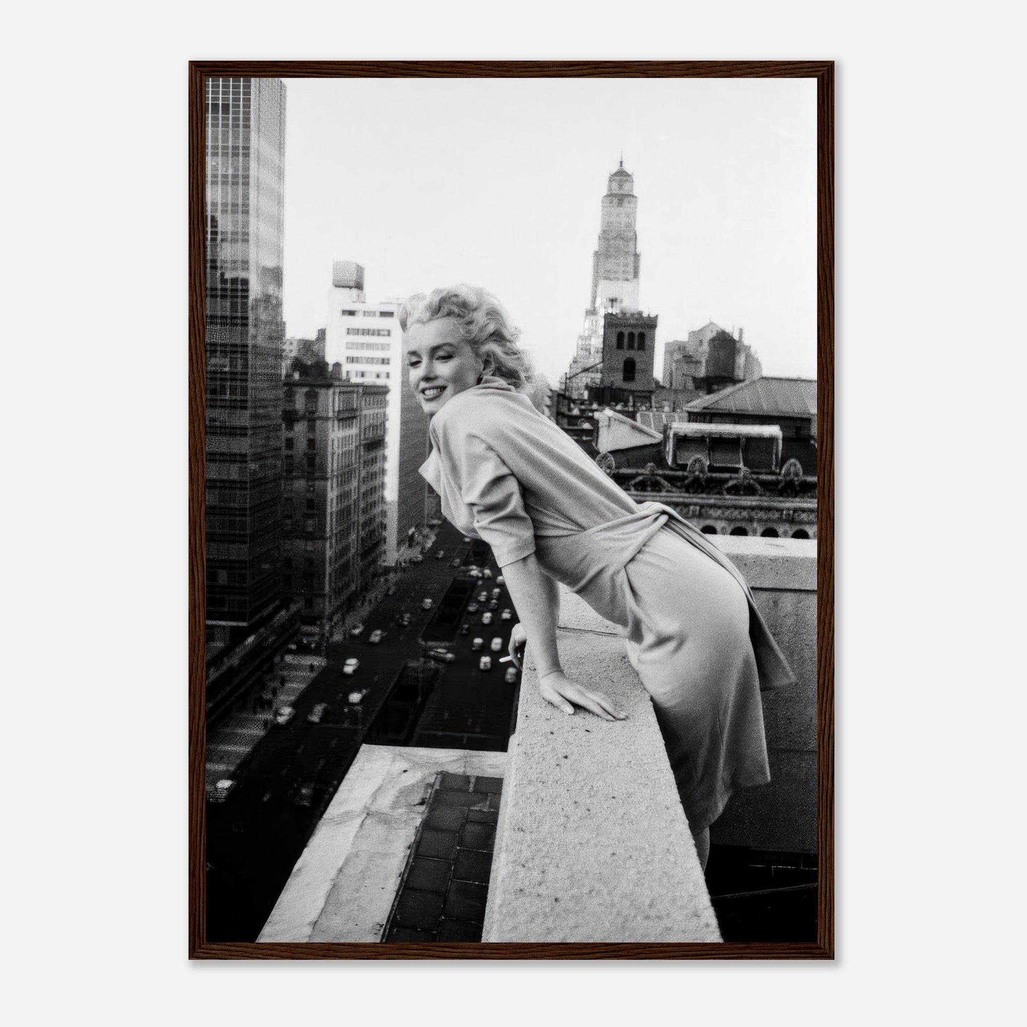 Marilyn Monroe on rooftops of New York, framed print capturing her iconic smile in black-and-white.