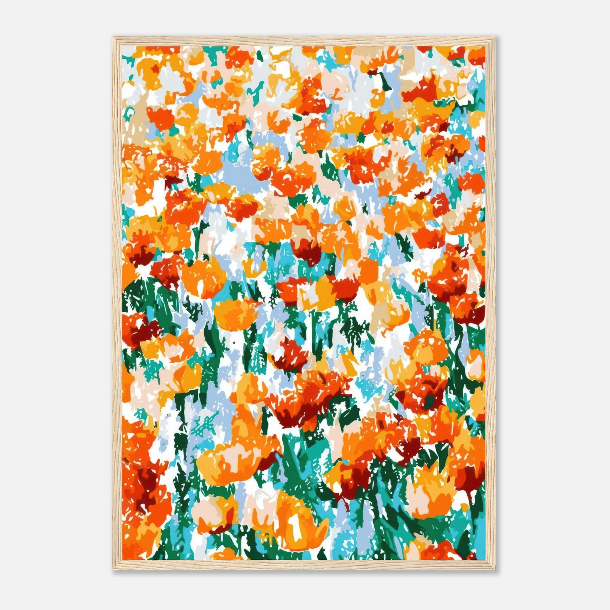 Vibrant abstract floral tulip garden in oranges and greens, framed print for home decor