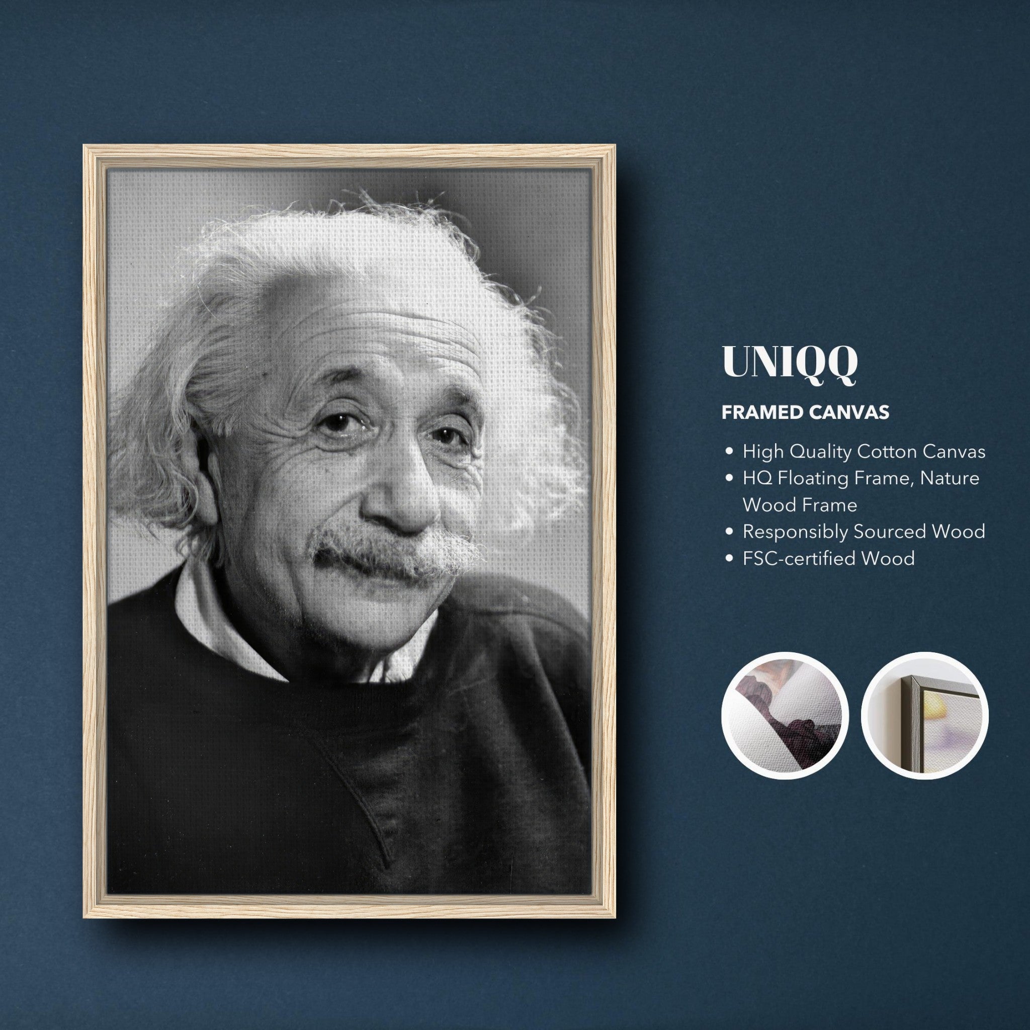 Framed canvas print of Albert Einstein, showcasing his thoughtful expression in high-quality black and white.