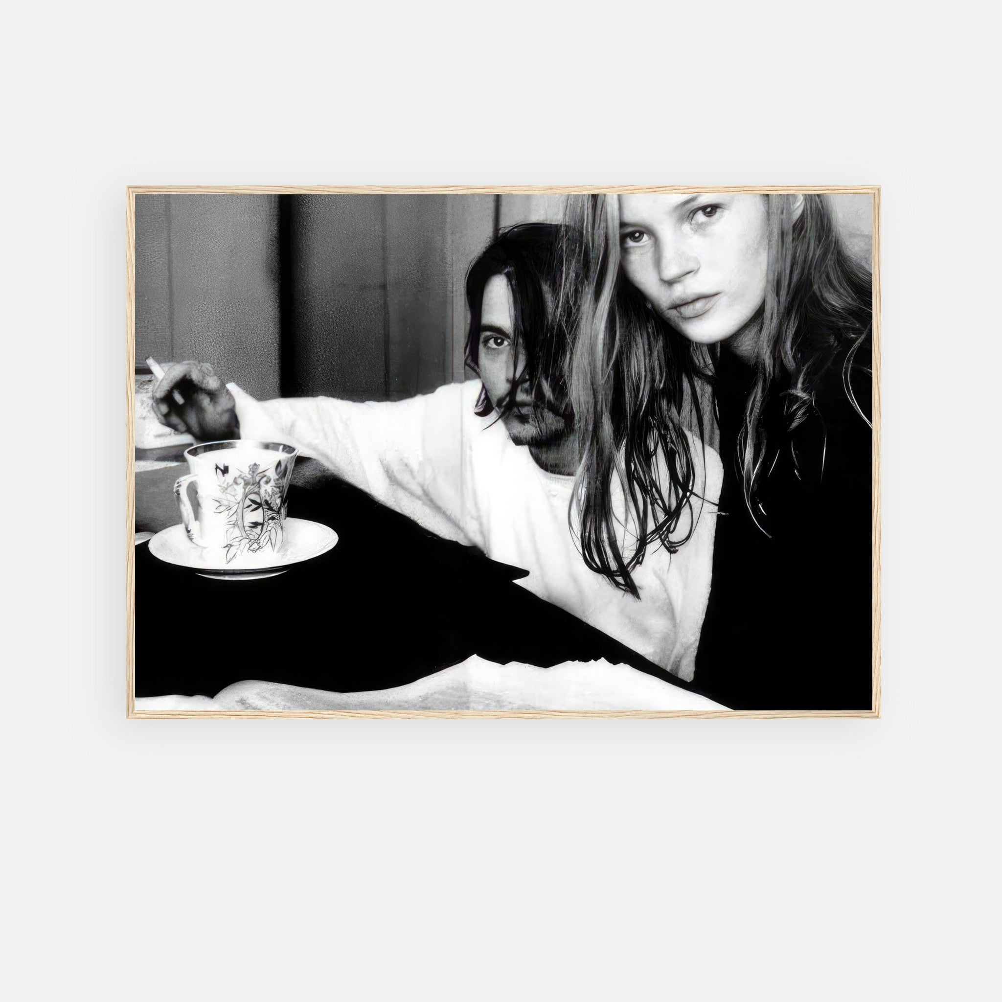 Framed print of Johnny Depp and Kate Moss capturing 1990s romance in black-and-white by François-Marie Banier.