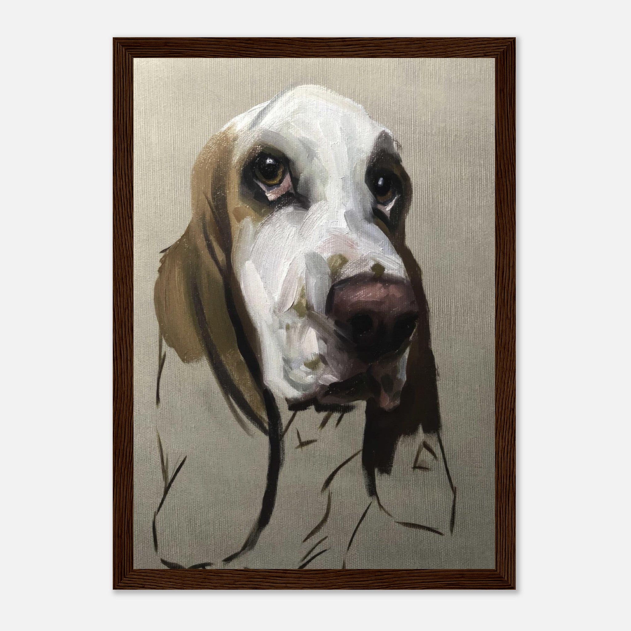 Framed painting of a Basset Hound, highlighting its soulful eyes and distinctive droopy ears.