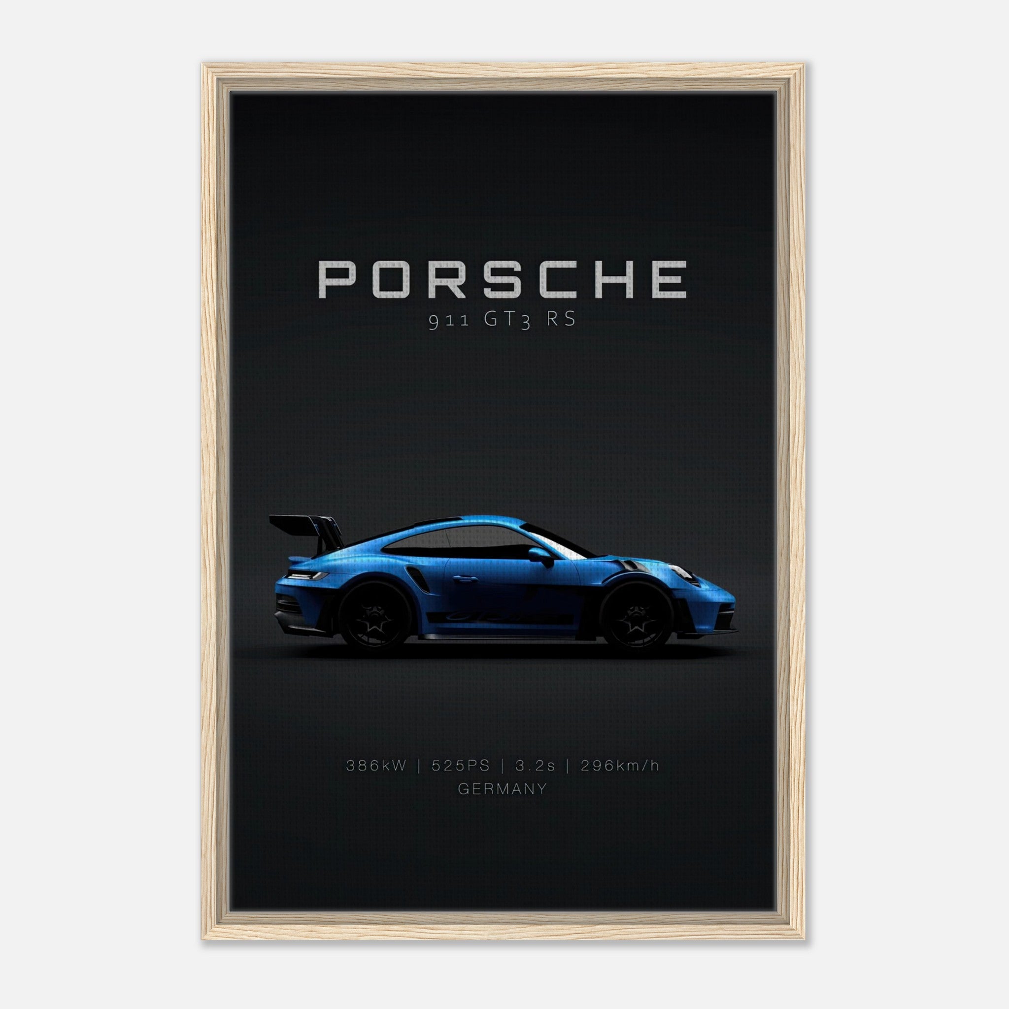 Porsche 911 GT3 RS framed canvas print showcasing a blue sports car on a black background.