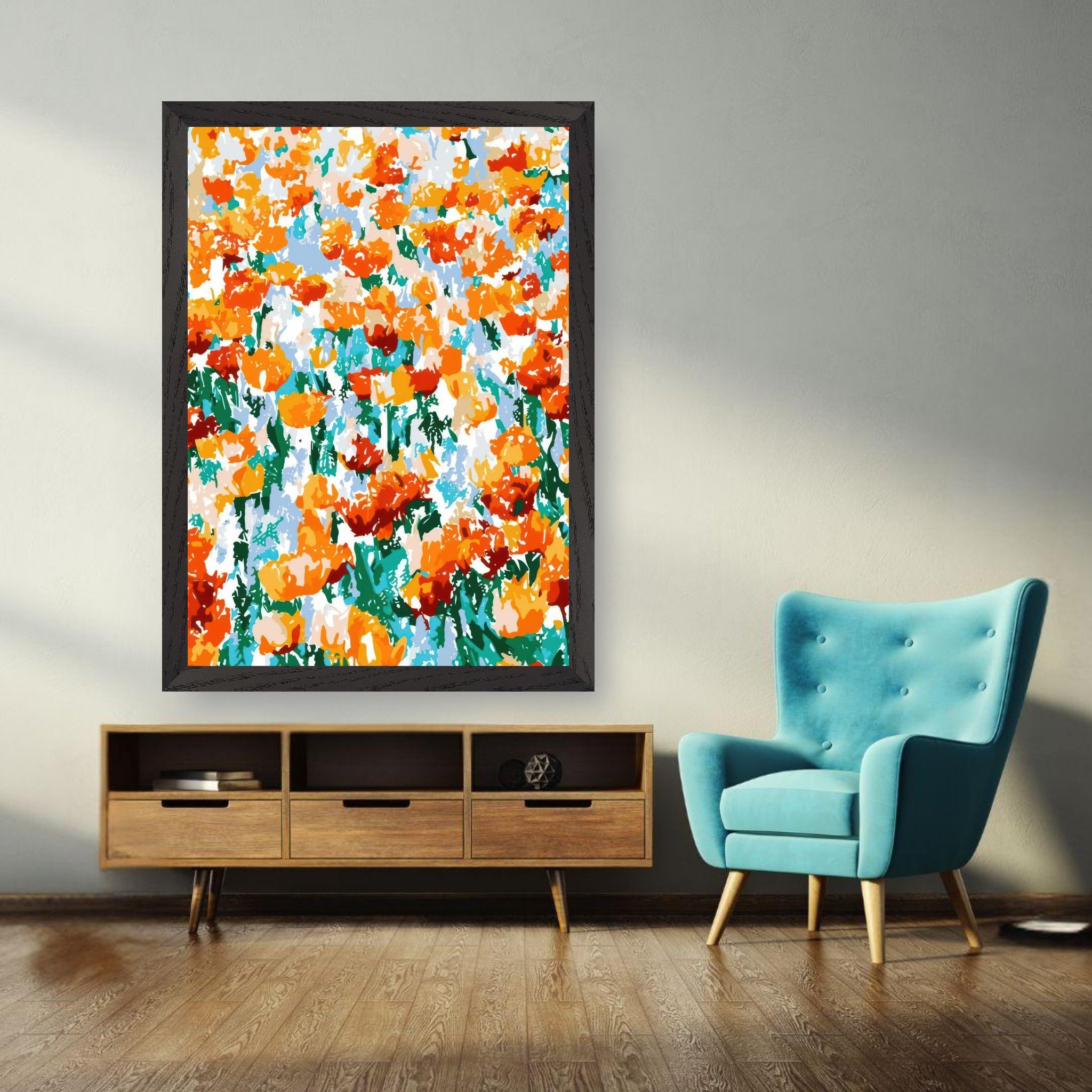 Vibrant Abstract Floral Tulip Garden vintage framed print against a modern interior backdrop with a stylish chair.
