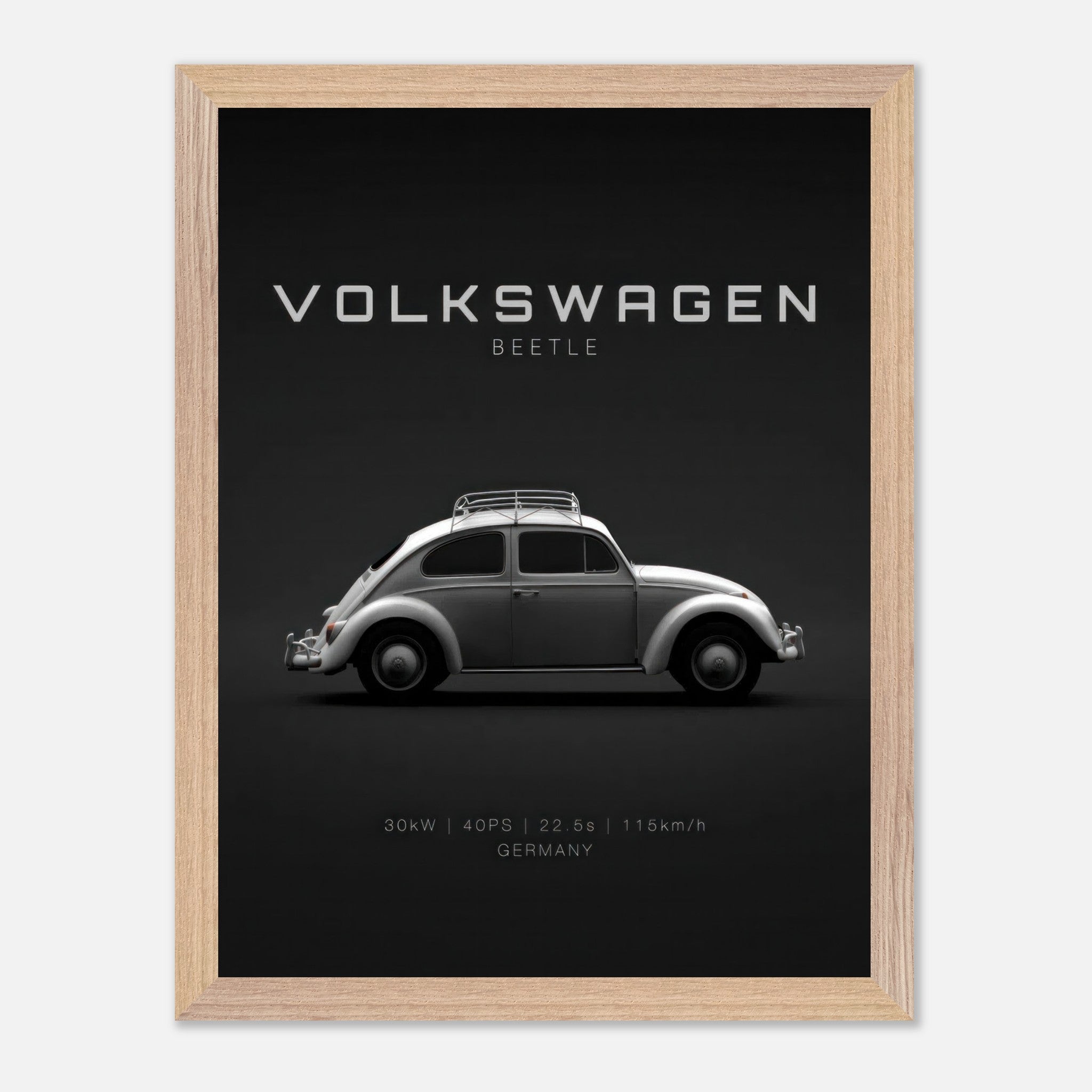 Volkswagen Beetle vintage framed art featuring a sleek silver car on a minimalist black background.