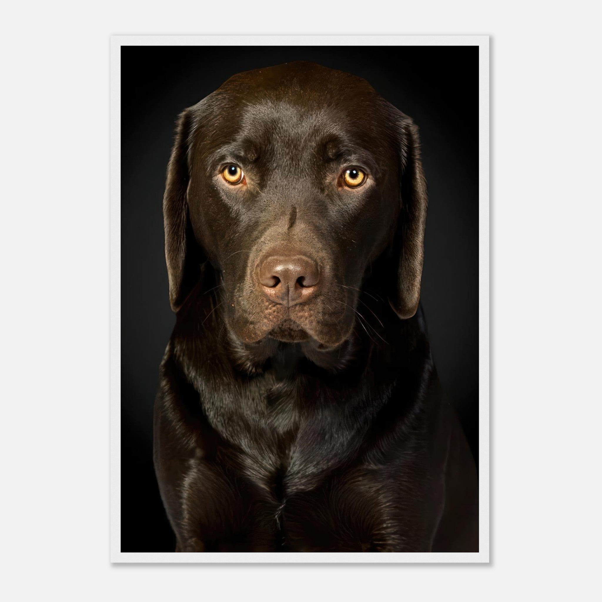 Chocolate Labrador portrait framed print featuring soulful expression and amber eyes on a black background.