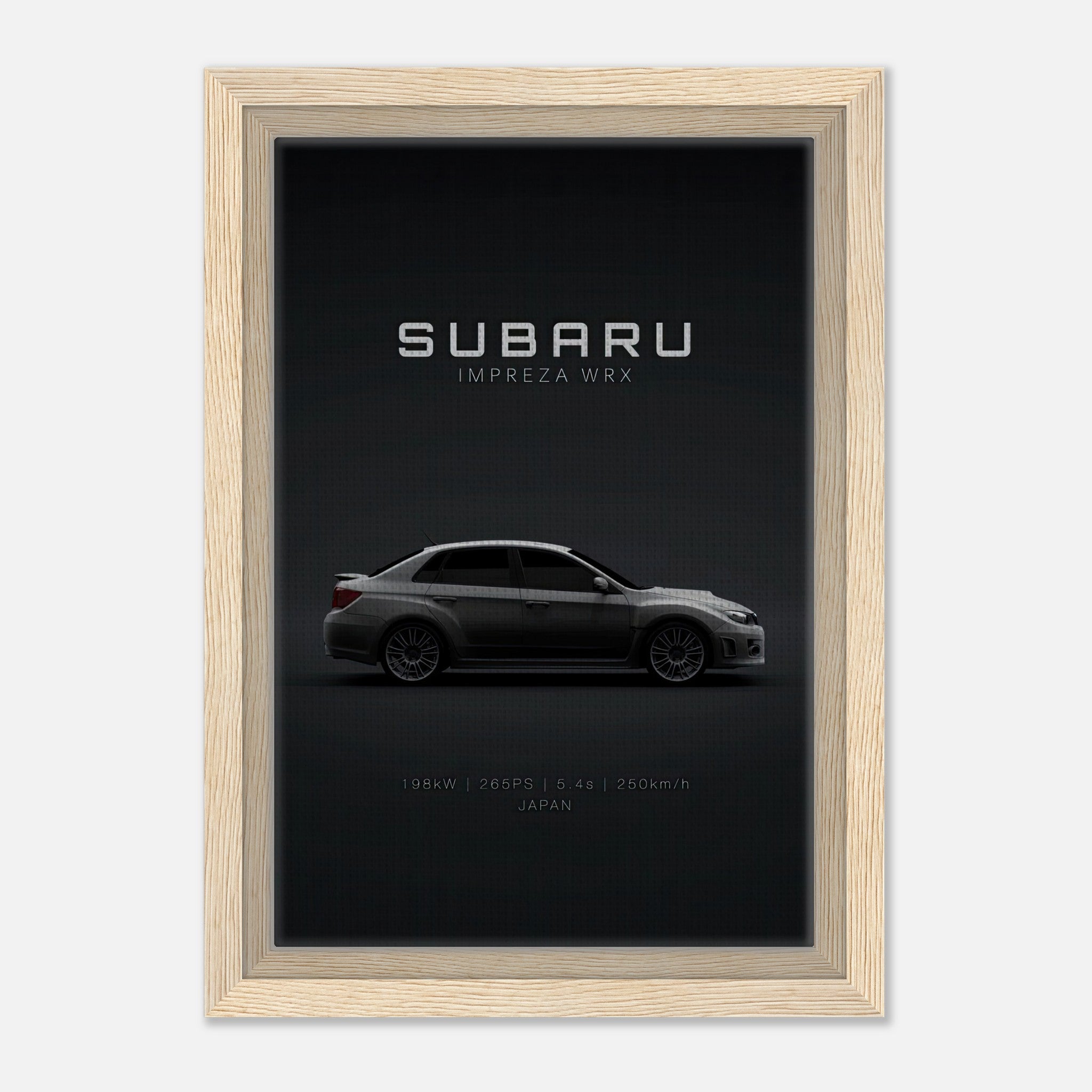 Framed canvas of Subaru WRX featuring specifications like 198kW and 265PS, ideal for car enthusiasts.