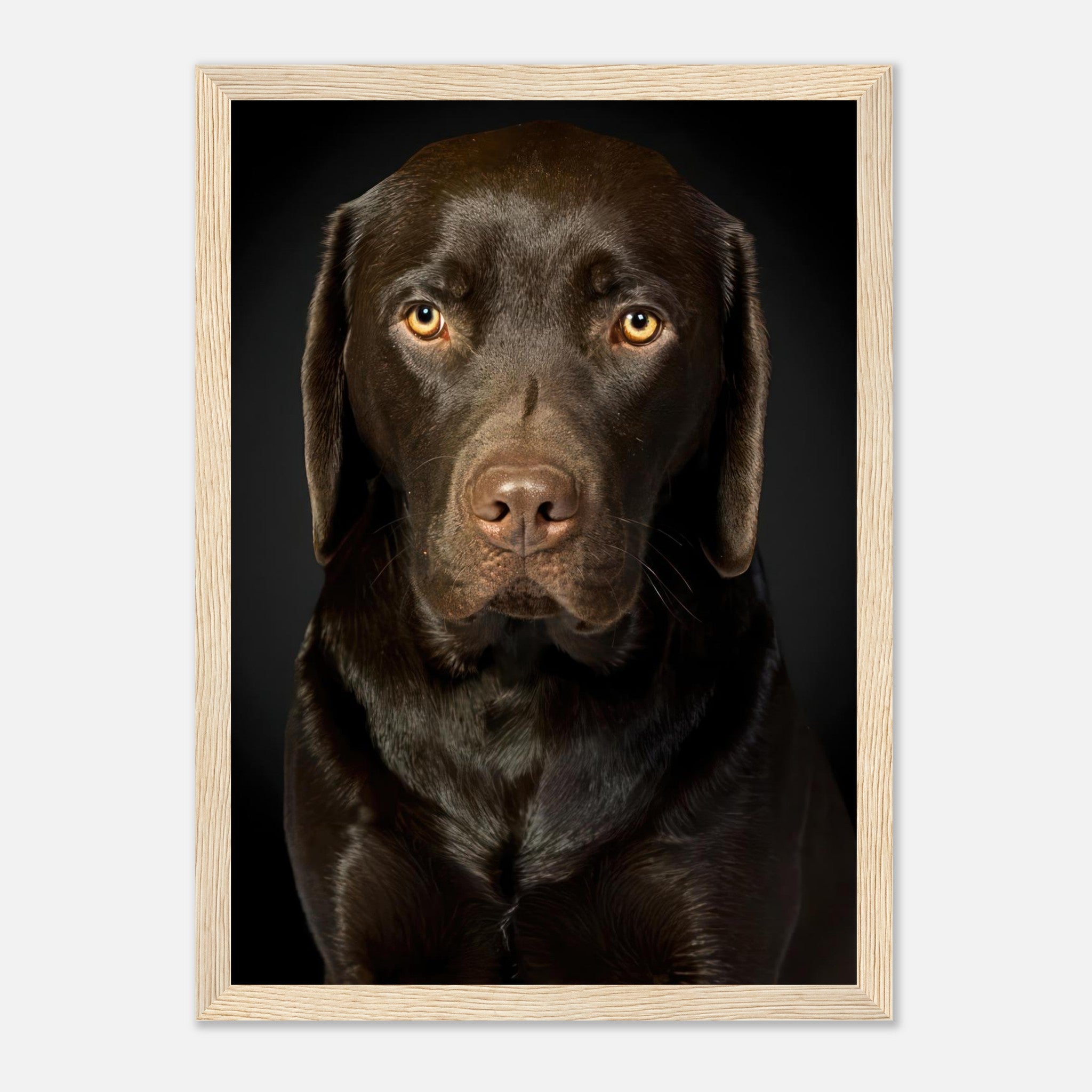 Framed portrait of a Chocolate Labrador Retriever with amber eyes against a black background.