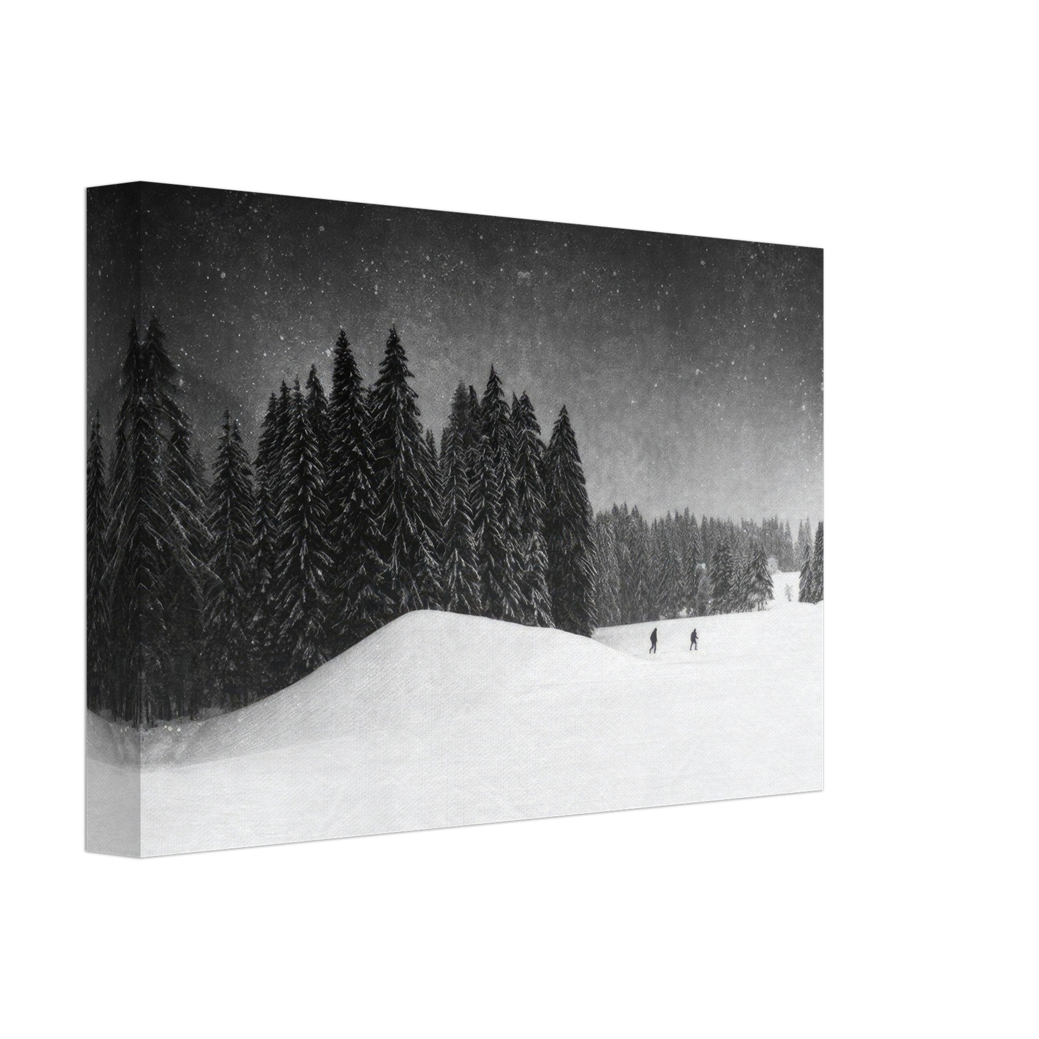 Serene winter landscape canvas featuring snow-draped forest and figures in tranquil snowfall.