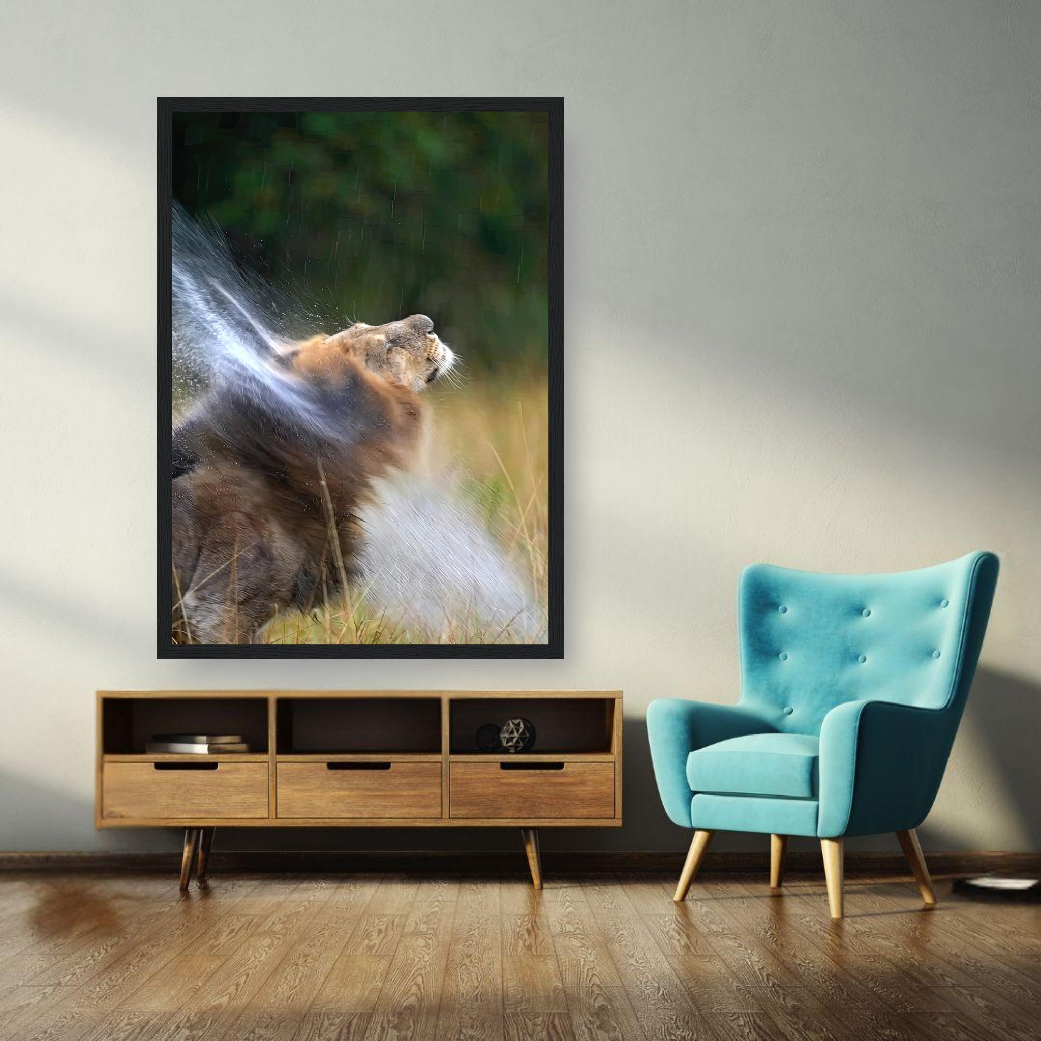 Lion shaking off water depicted in a framed print, showcasing wildlife and natural beauty in a stylish living room.