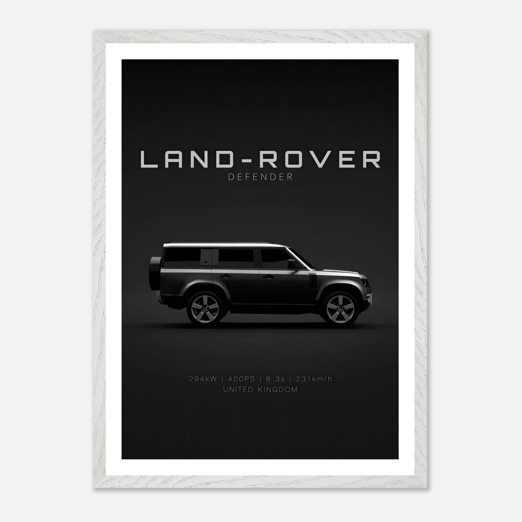 Land Rover Defender vintage framed art showcasing a minimalist design on a black background.