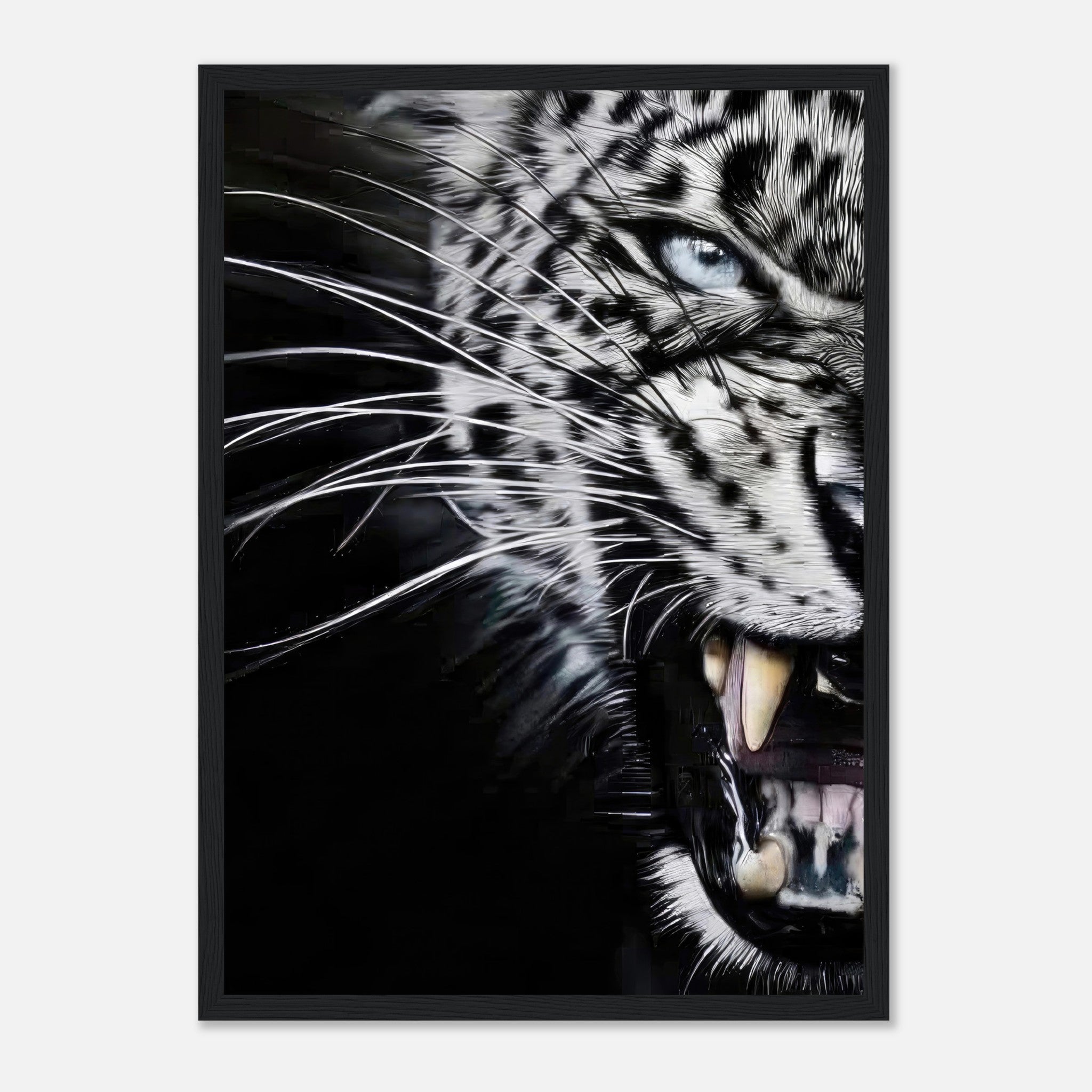Close-up portrait of a fierce leopard with piercing blue eyes and sharp fangs, framed print for stunning decor.