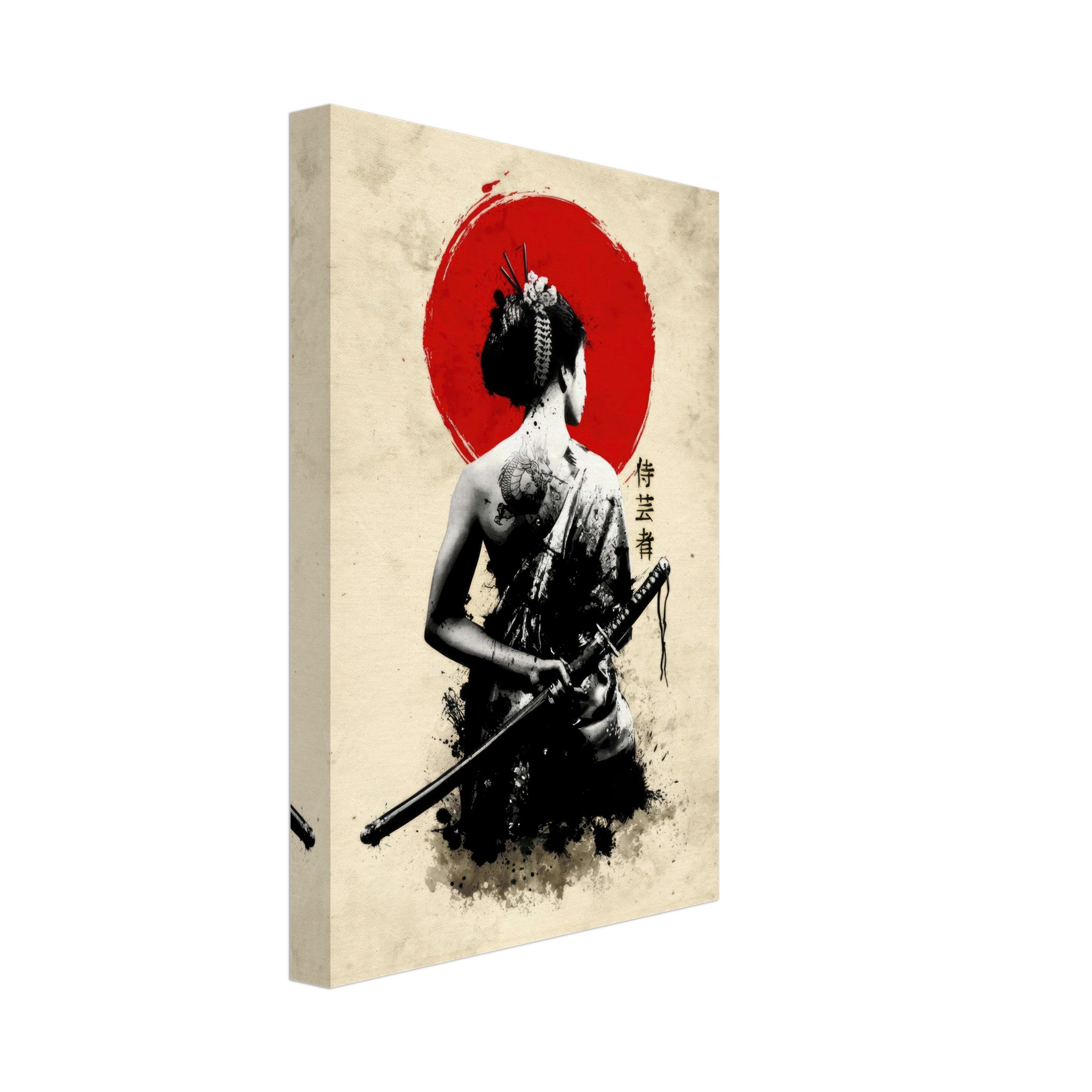 Samurai Geisha Canvas artwork showcasing a poised geisha against a striking red sun background.