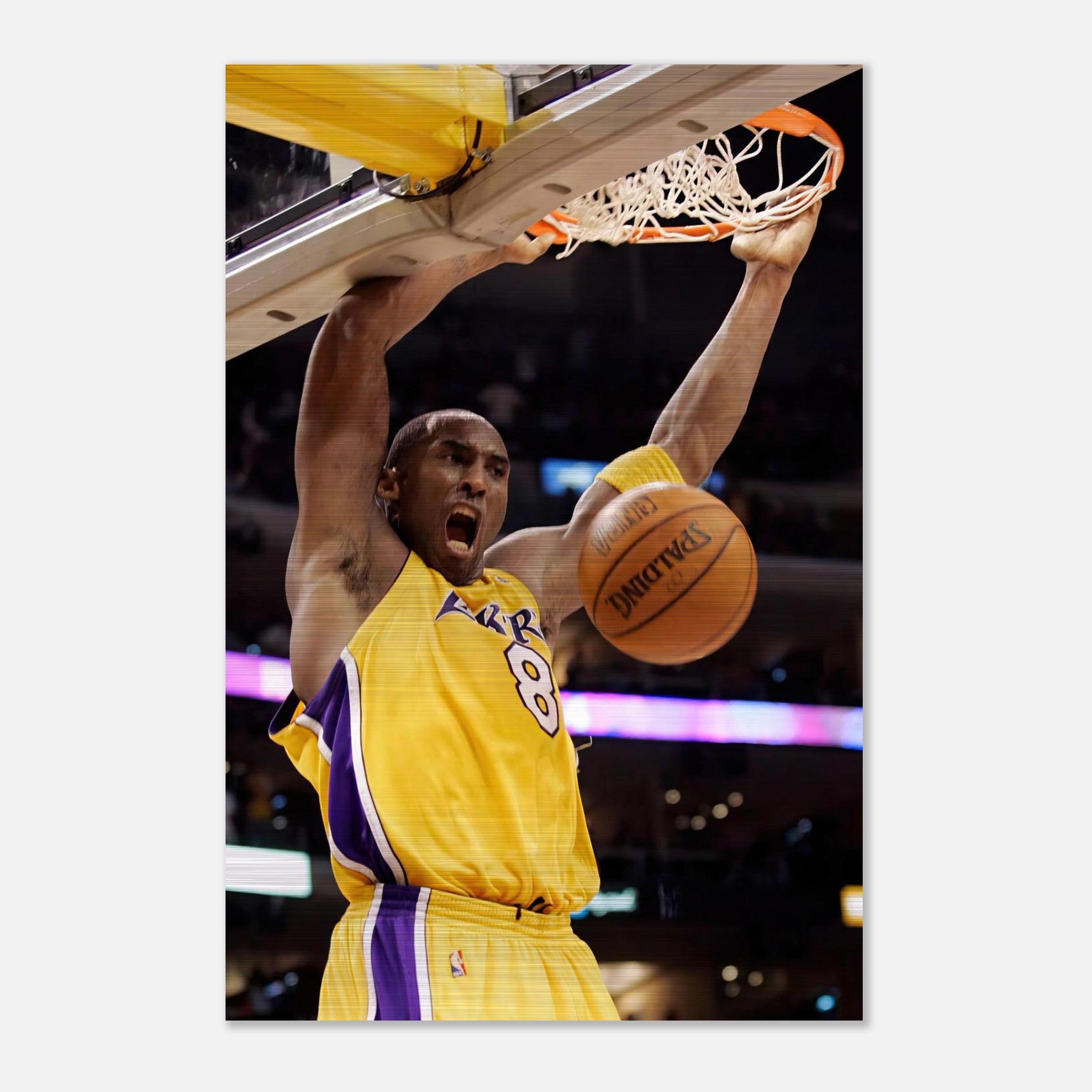 Kobe Bryant performing an iconic slam dunk in a yellow Lakers jersey, captured in high-quality brushed metal.
