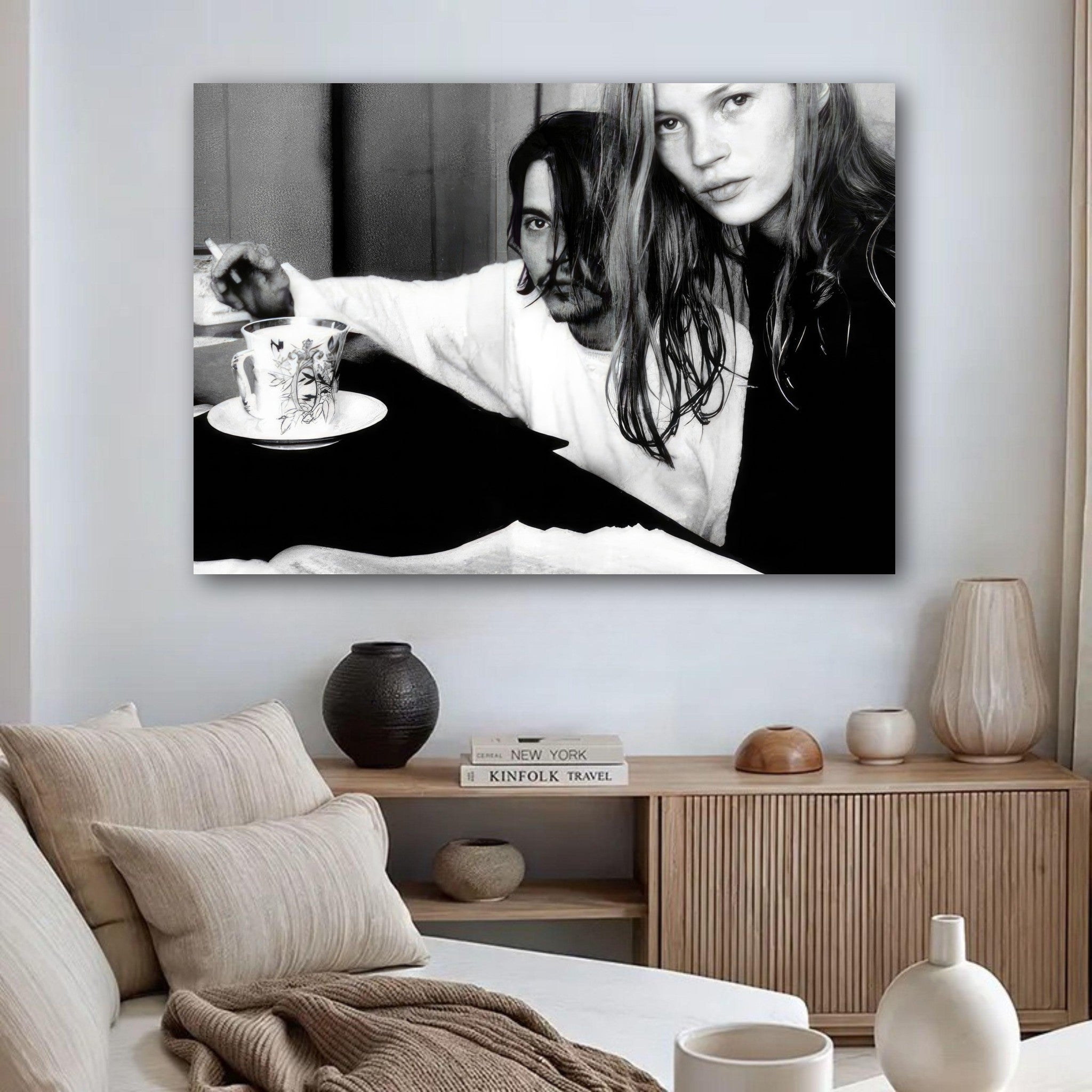 Metal print of Johnny Depp and Kate Moss showcasing '90s cool in a black-and-white intimate moment.