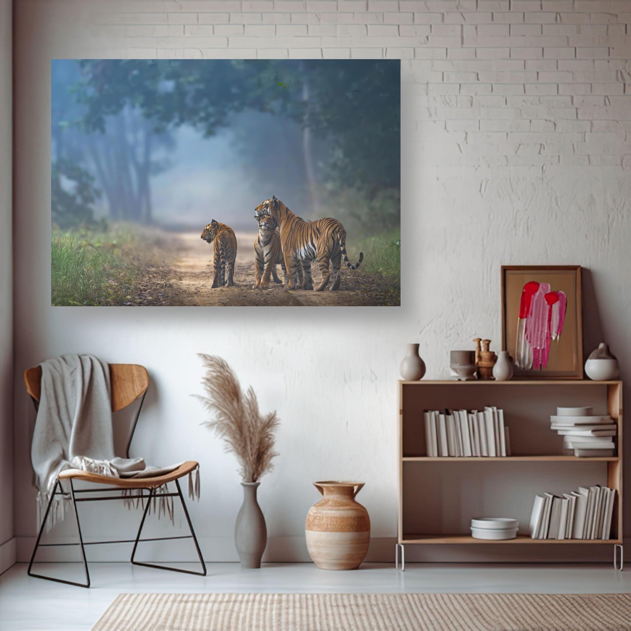The Bond of Tigers poster showcasing a family of tigers in a tranquil jungle setting, highlighting strength and unity.