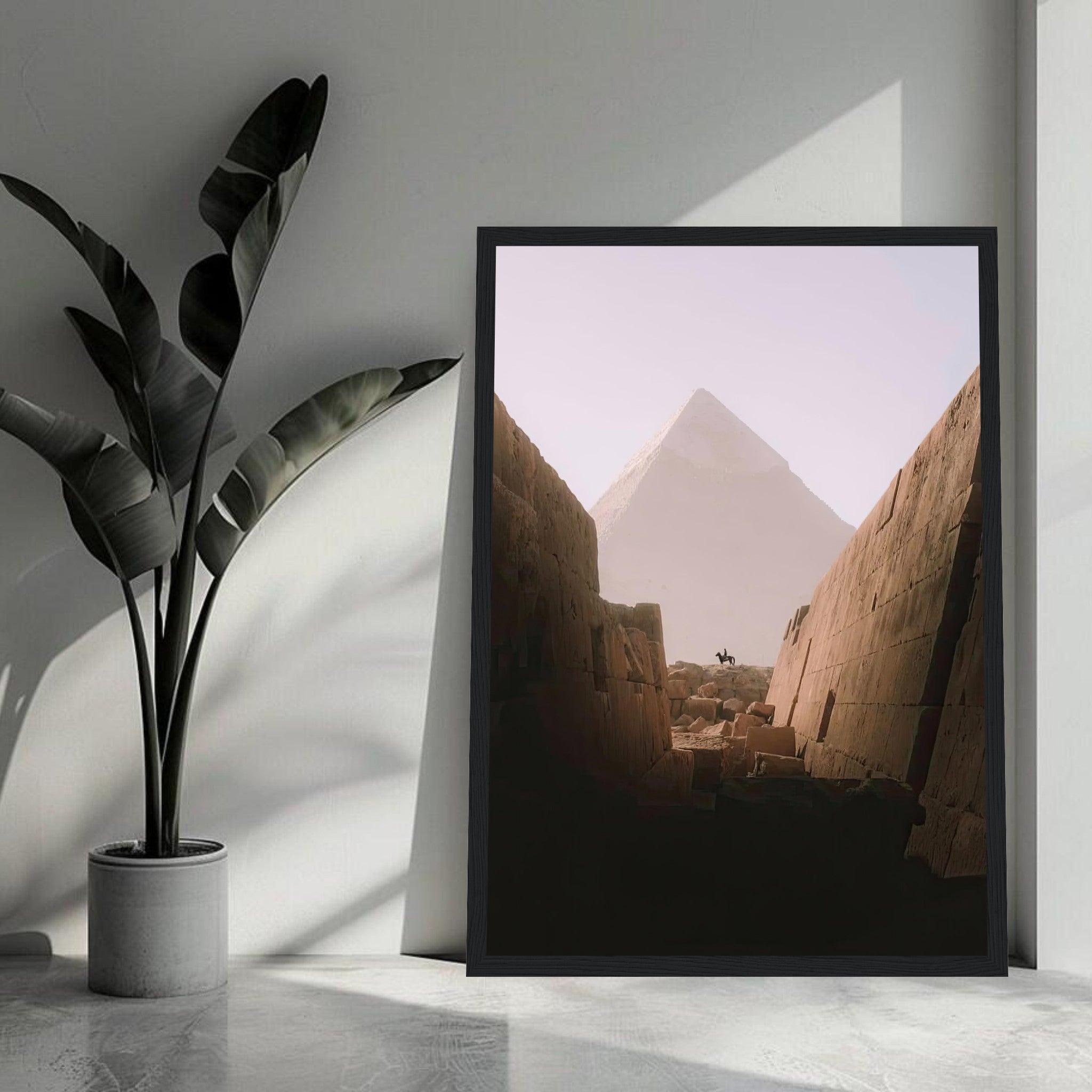 Framed print of a horse rider at the Great Pyramid of Giza, showcasing ancient Egypt's stunning landscape.