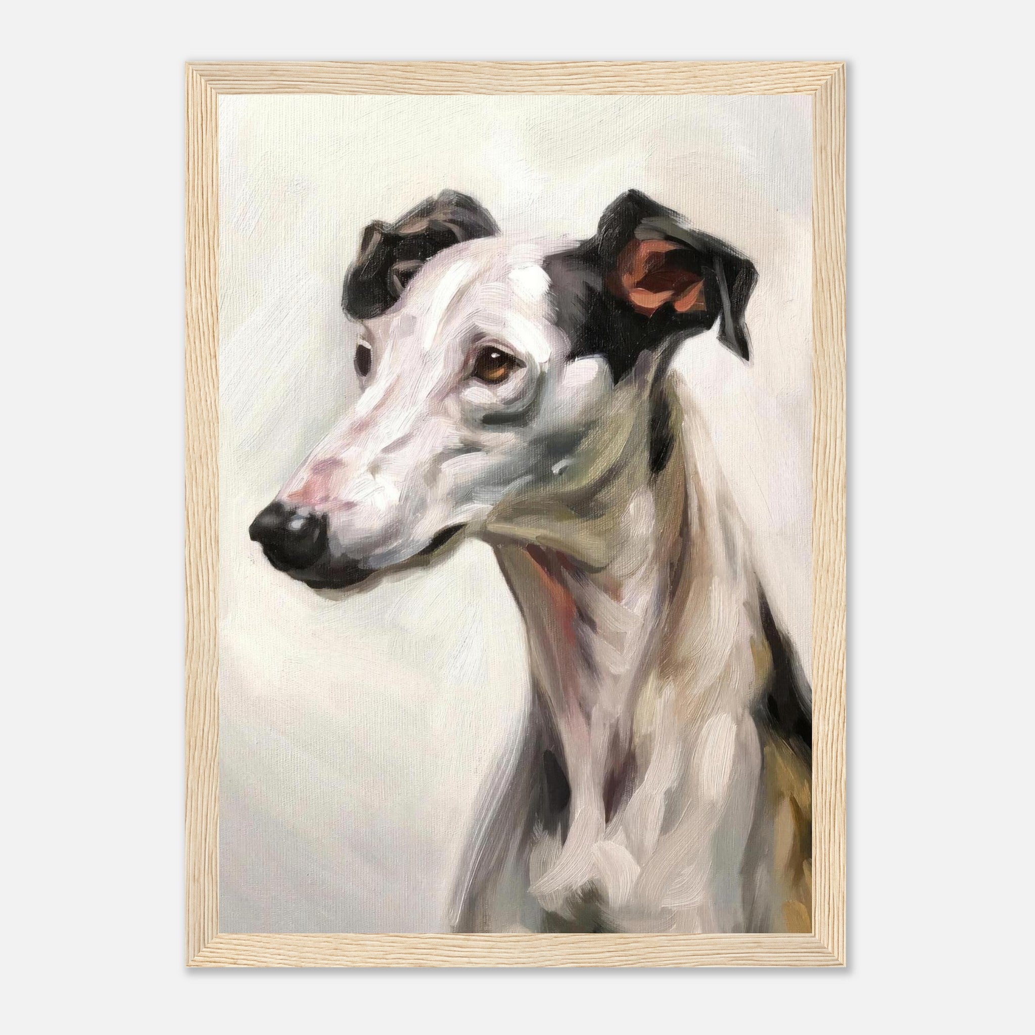Framed print of a Greyhound dog painting, showcasing its elegant features and gentle expression.