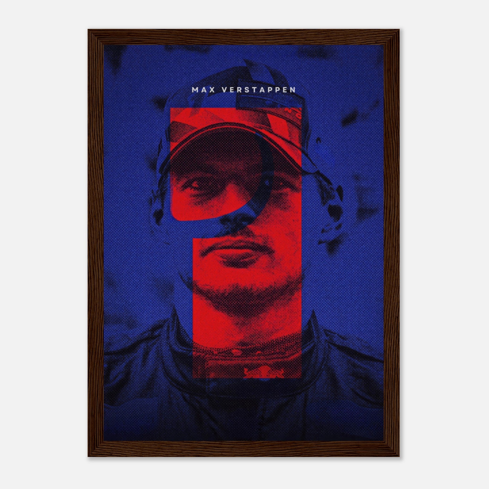 Max Verstappen framed print featuring bold colors and dynamic design, celebrating Formula 1 racer’s championship spirit.