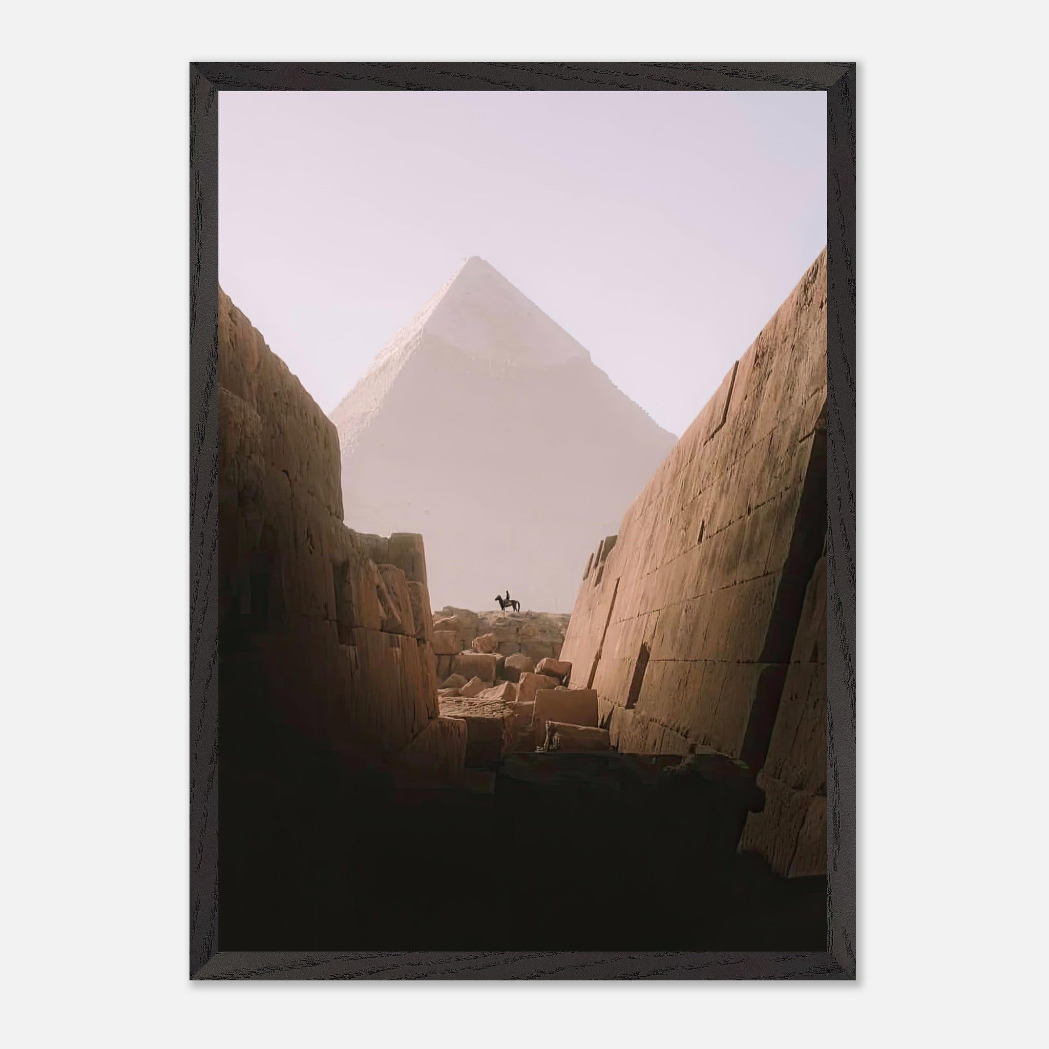Horse and rider silhouette with the Great Pyramid of Giza in the background in a vintage framed print.