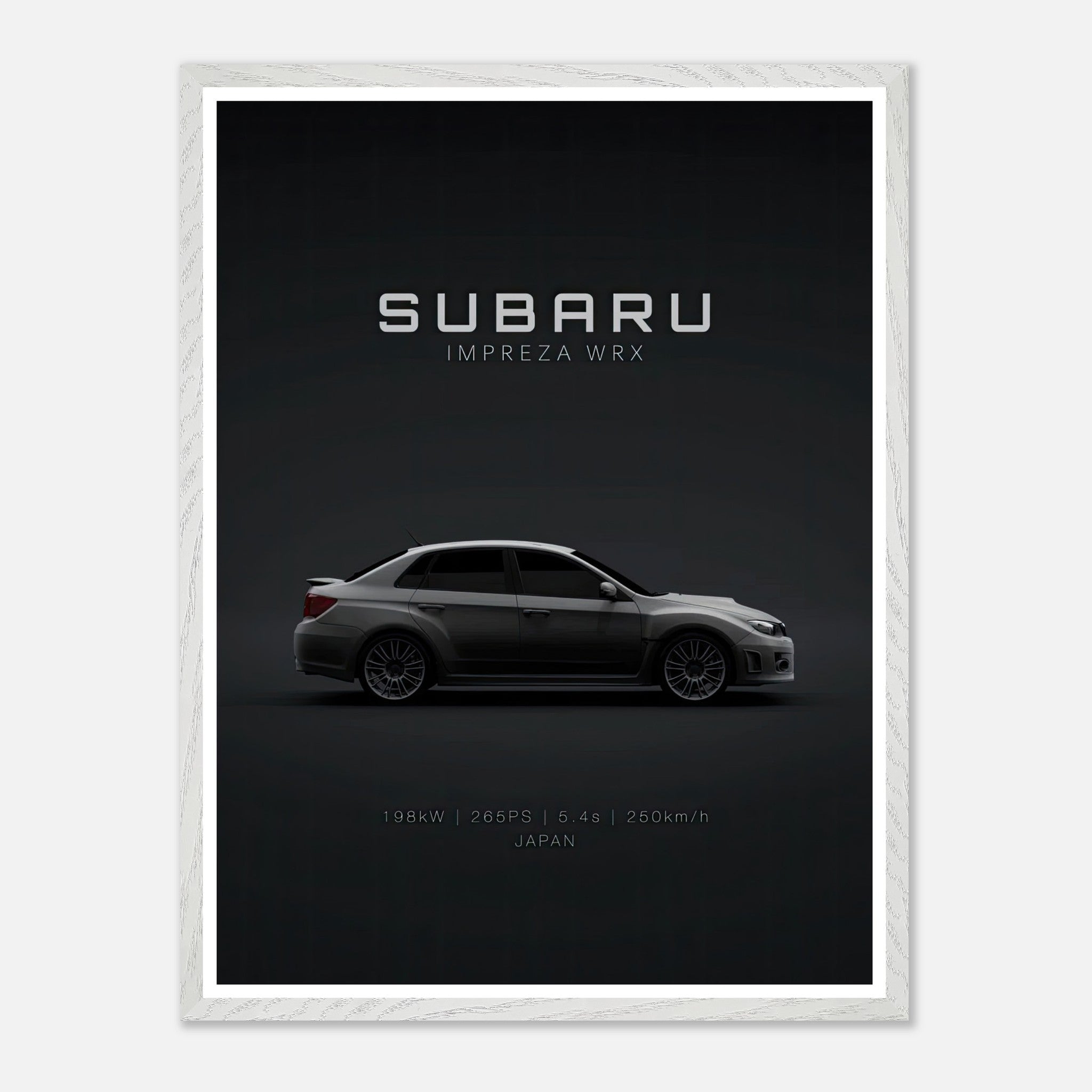 Subaru Impreza WRX vintage framed art showcasing sleek car profile against dark minimalist backdrop.