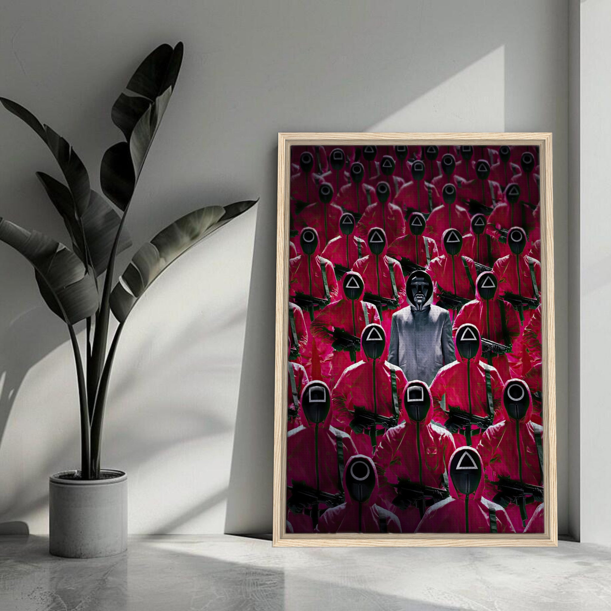 Squid Game Guards framed canvas print featuring red uniformed figures and a central character in a modern living room setting.