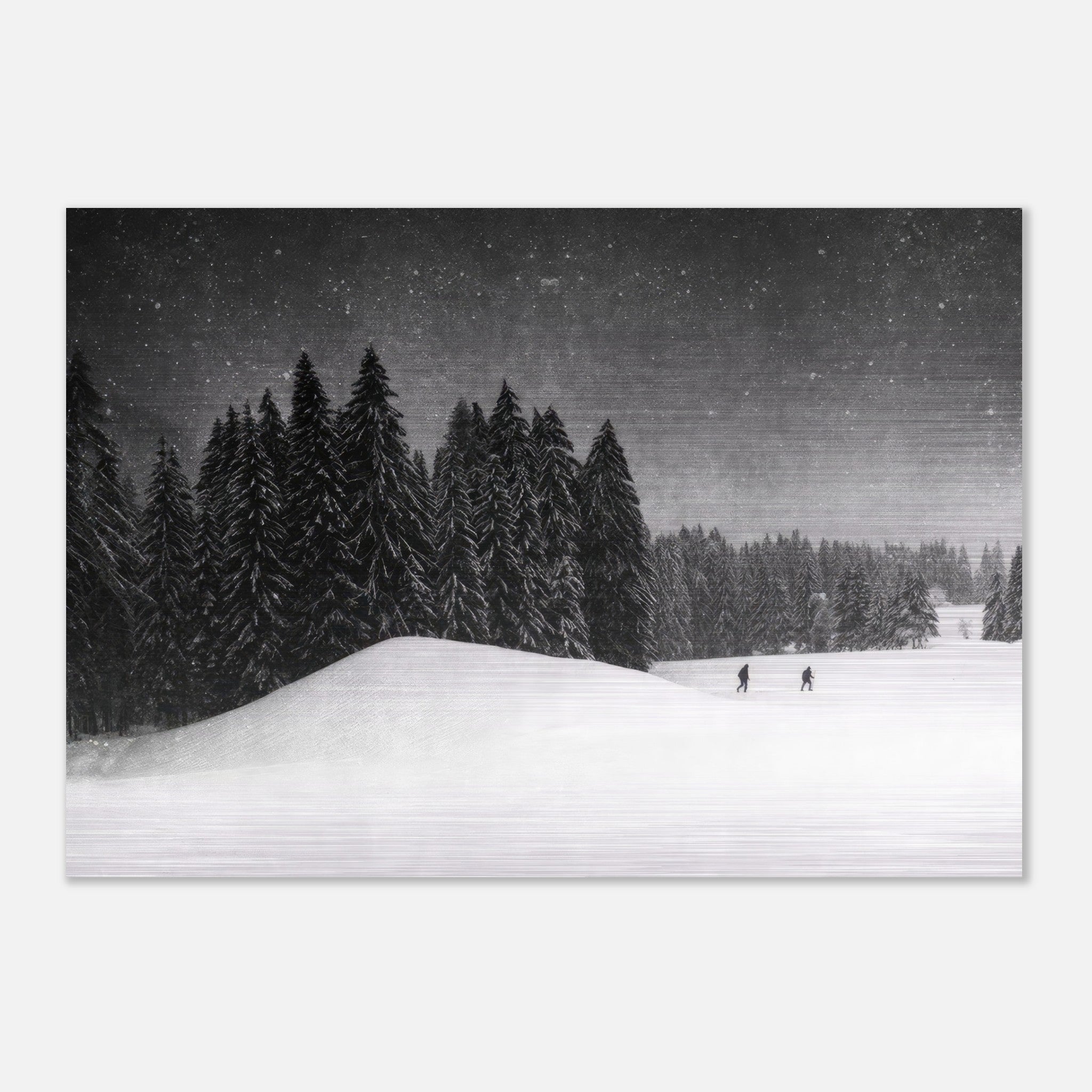 Winter Crossing brushed metal artwork featuring a tranquil snowy landscape with evergreen trees and two figures.