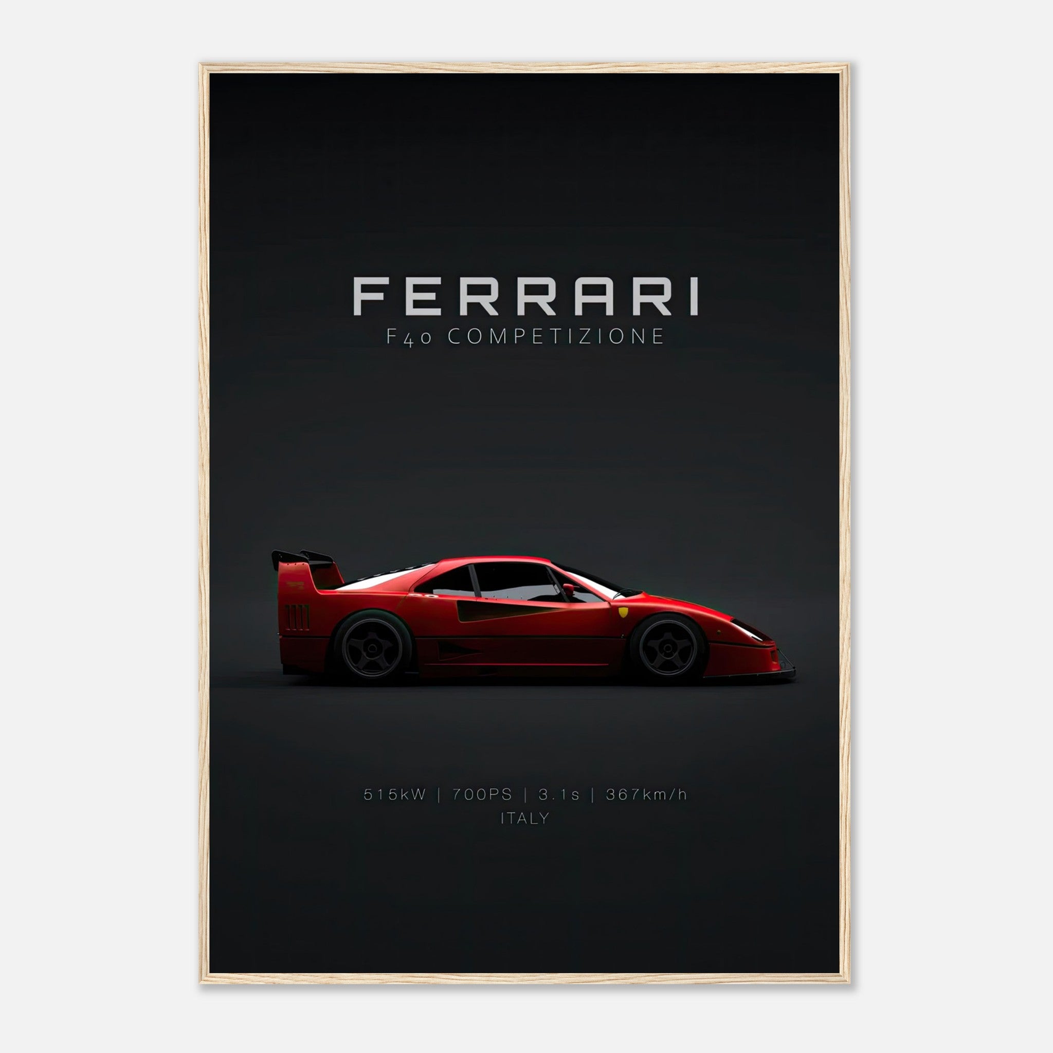 Ferrari F40 Competizione framed poster showcasing sleek red supercar design on a dark background.