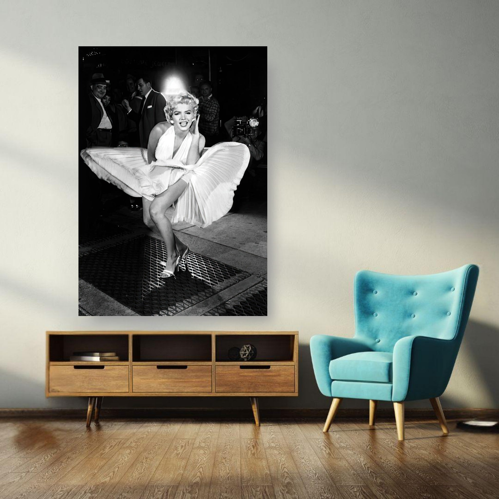 Marilyn Monroe iconic wind-blown white dress photograph poster enhancing vintage Hollywood charm.