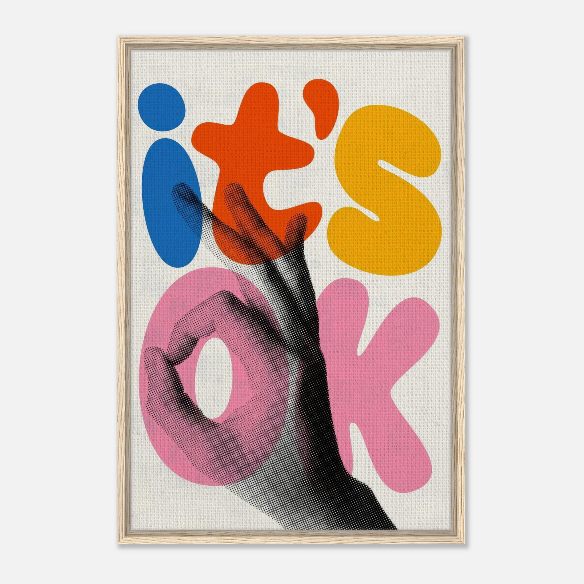 Retro abstract pop art canvas print with vibrant colors and hand gesture, framed for modern decor.