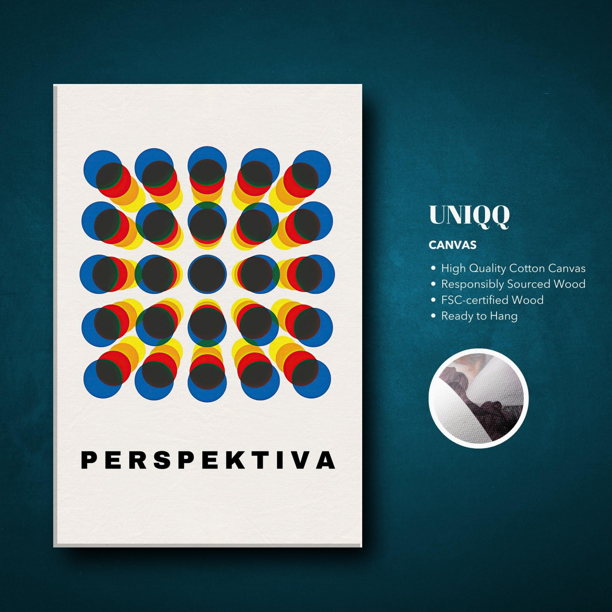 Perspective Abstract Art canvas print featuring vibrant geometric design and the word 'PERSPEKTIVA'.