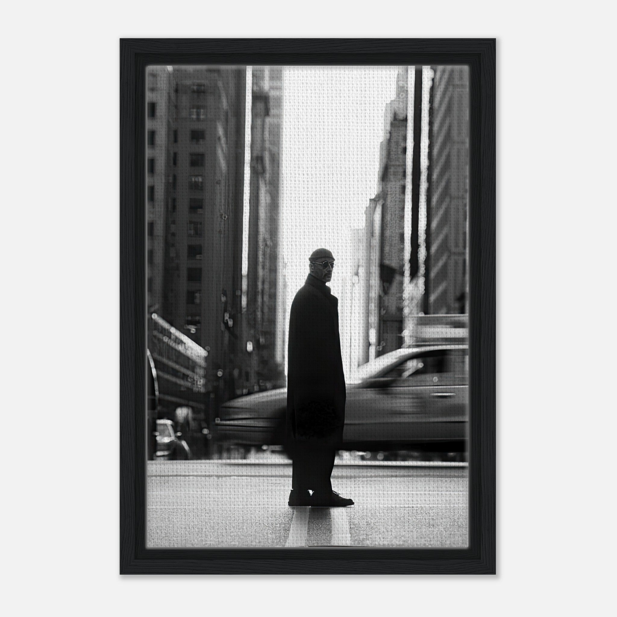 Jean Reno as Leon framed canvas artwork in black and white, set against NYC backdrop, showcasing urban sophistication.
