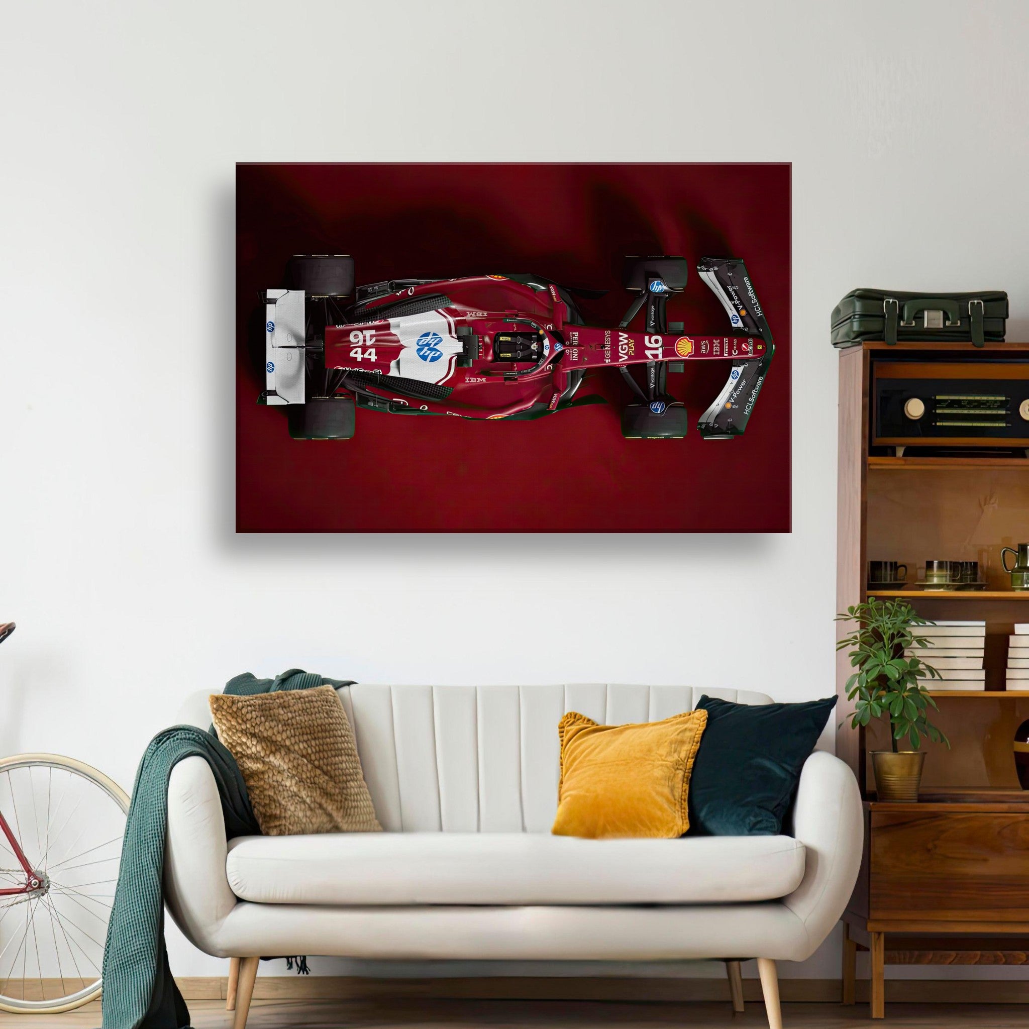 Ferrari F1 2025 canvas print showcasing a top-down view of the sleek race car on display in a stylish living room.